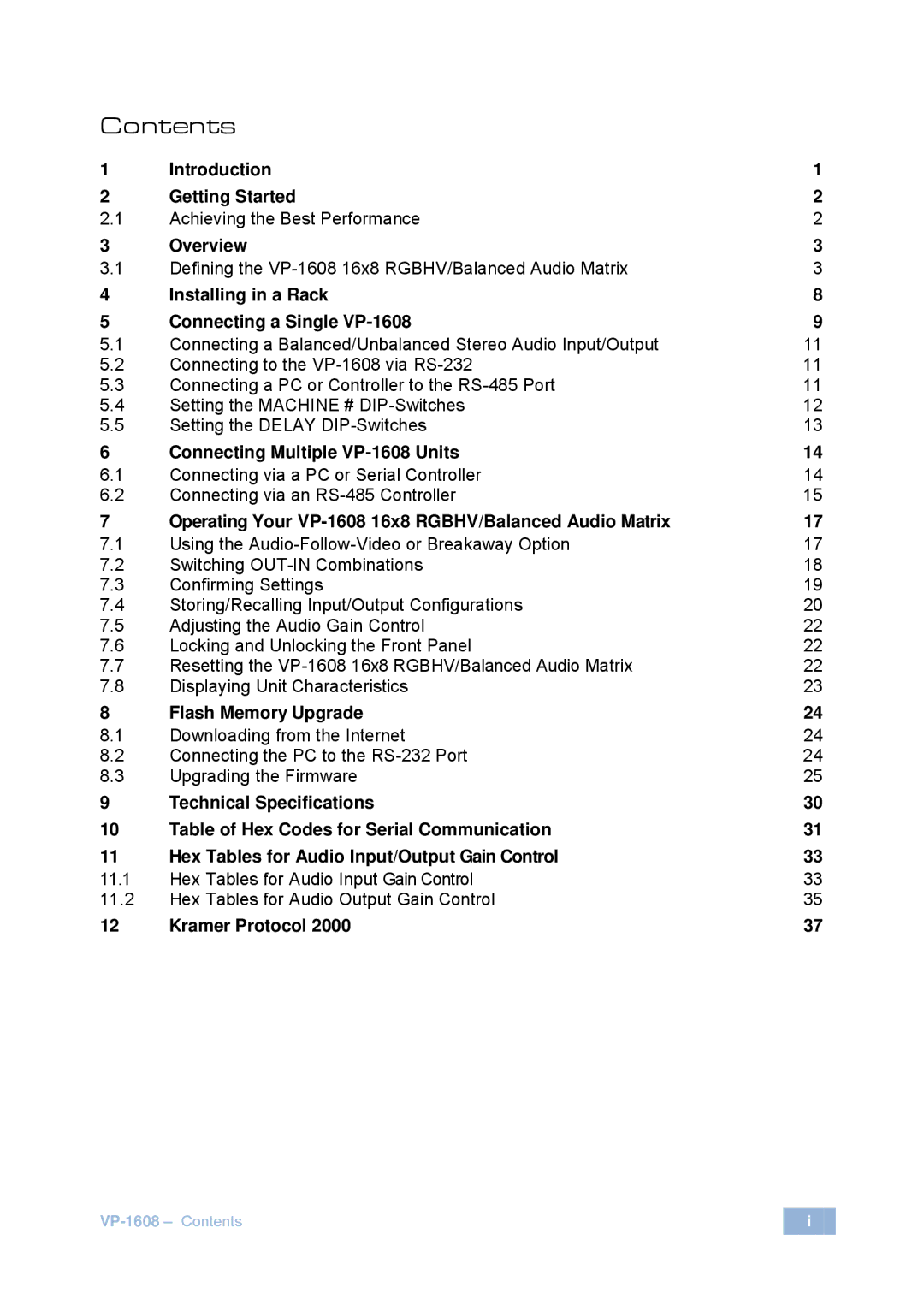 Kramer Electronics VP-1608 user manual Contents 