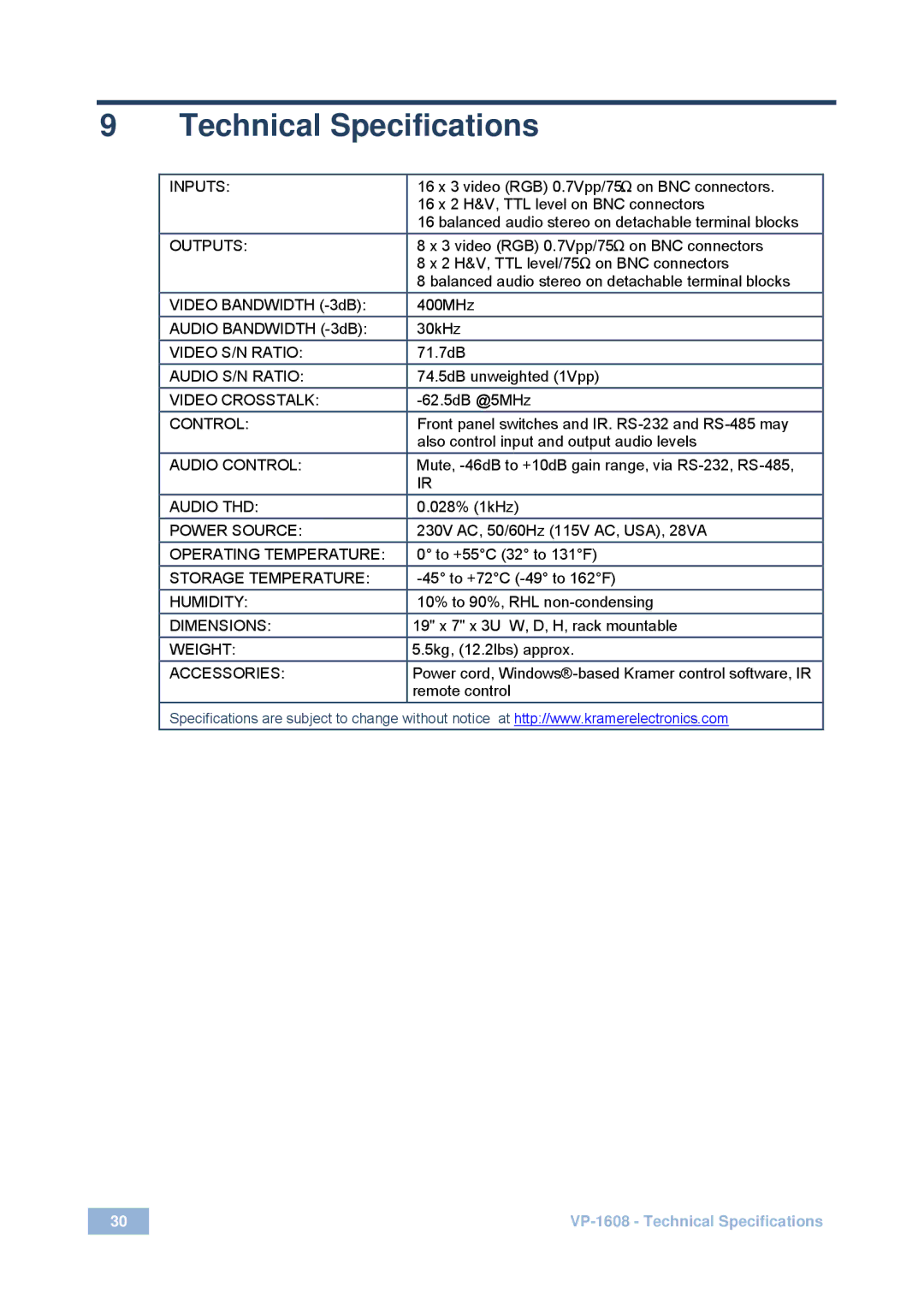 Kramer Electronics VP-1608 user manual Technical Specifications, Inputs 