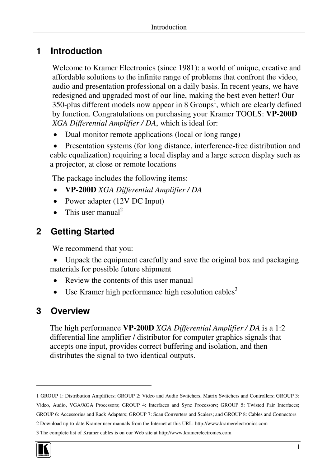 Kramer Electronics VP-200D user manual Introduction, Getting Started, Overview 