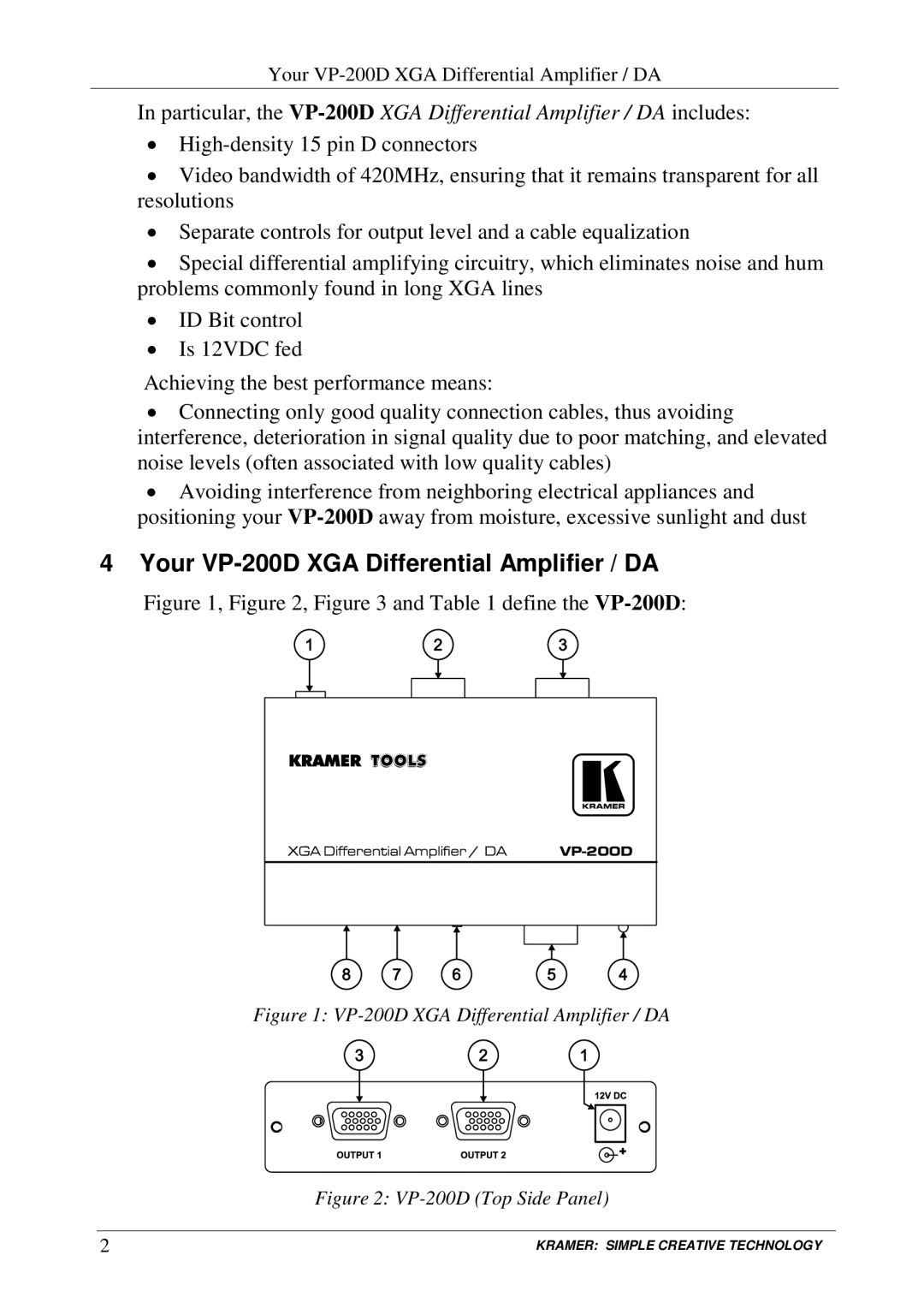 Kramer Electronics user manual Your VP-200D XGA Differential Amplifier / DA, Define the VP-200D 