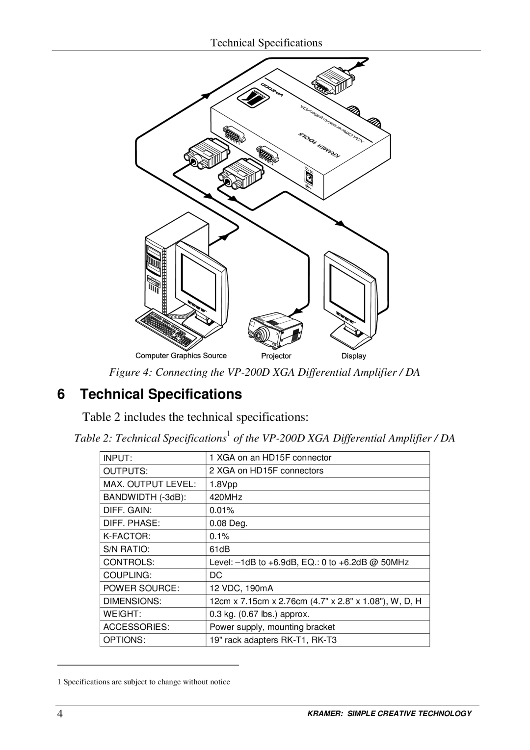 Kramer Electronics VP-200D user manual Technical Specifications, Includes the technical specifications 