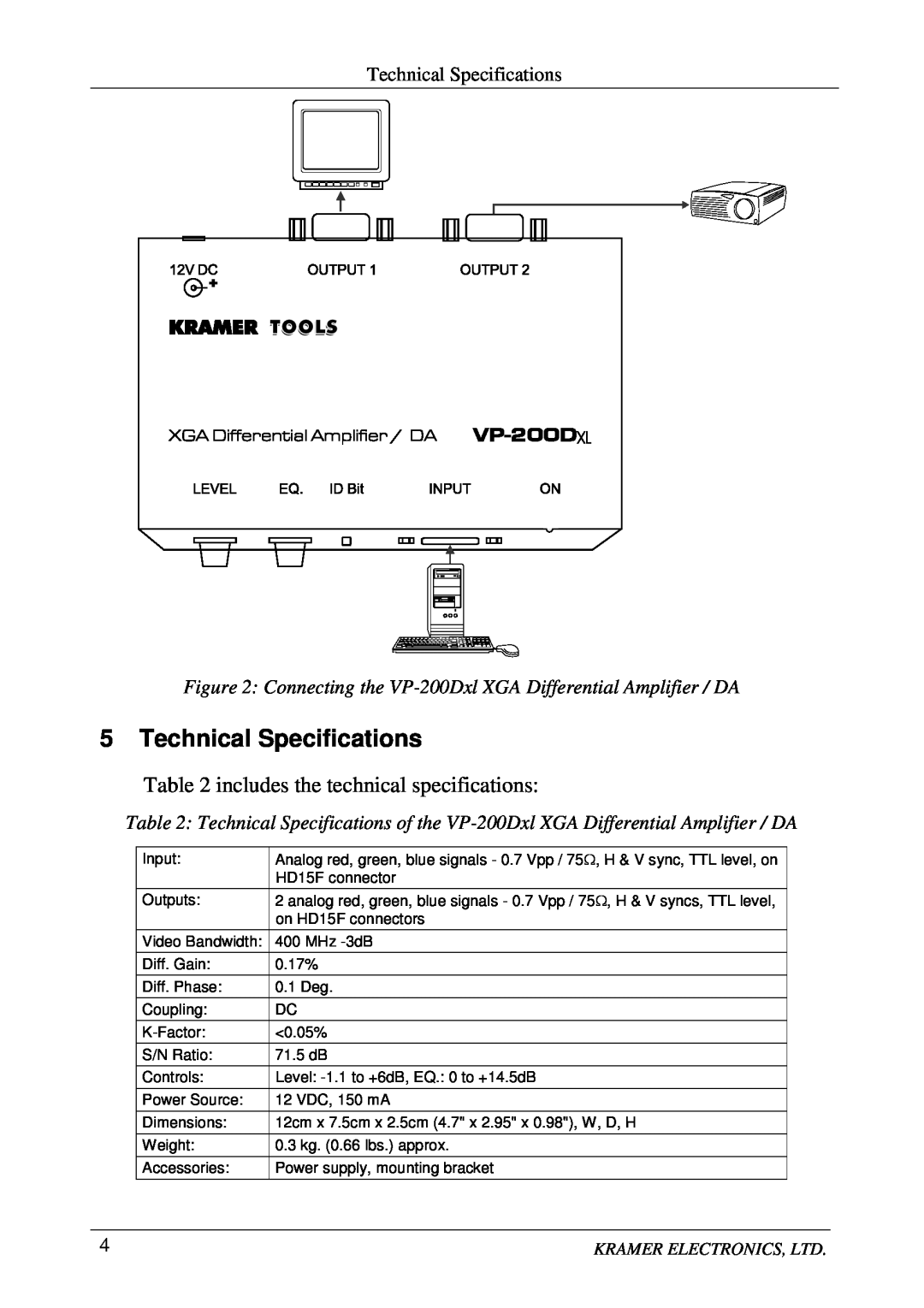 Kramer Electronics VP-200Dxl user manual includes the technical specifications, Technical Specifications 