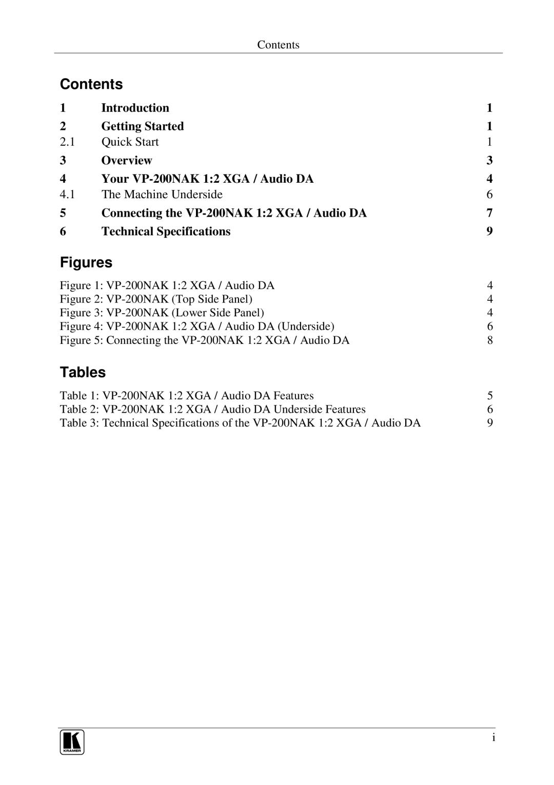 Kramer Electronics VP-200NAK user manual Contents, Tables 