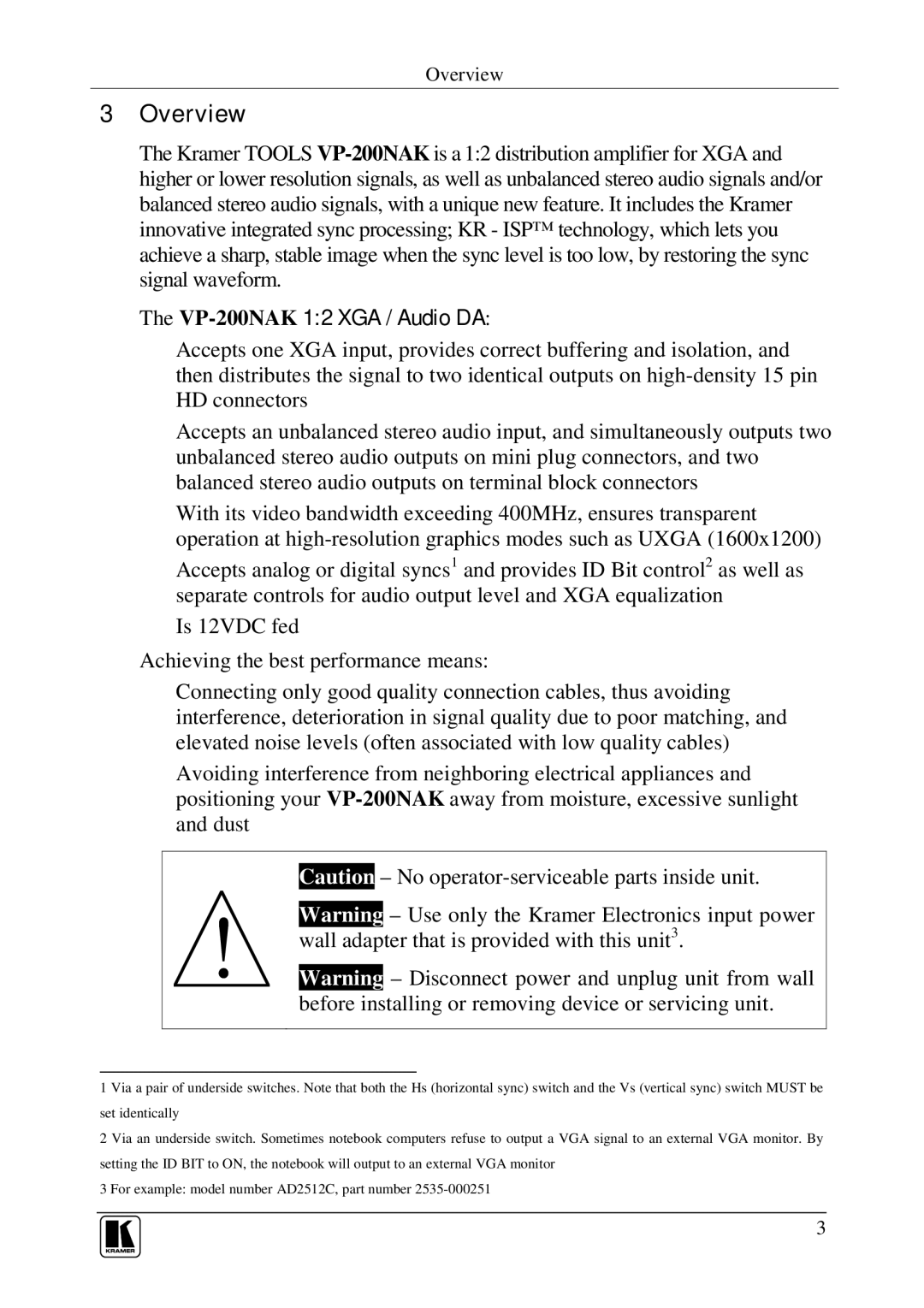 Kramer Electronics VP-200NAK user manual Overview 