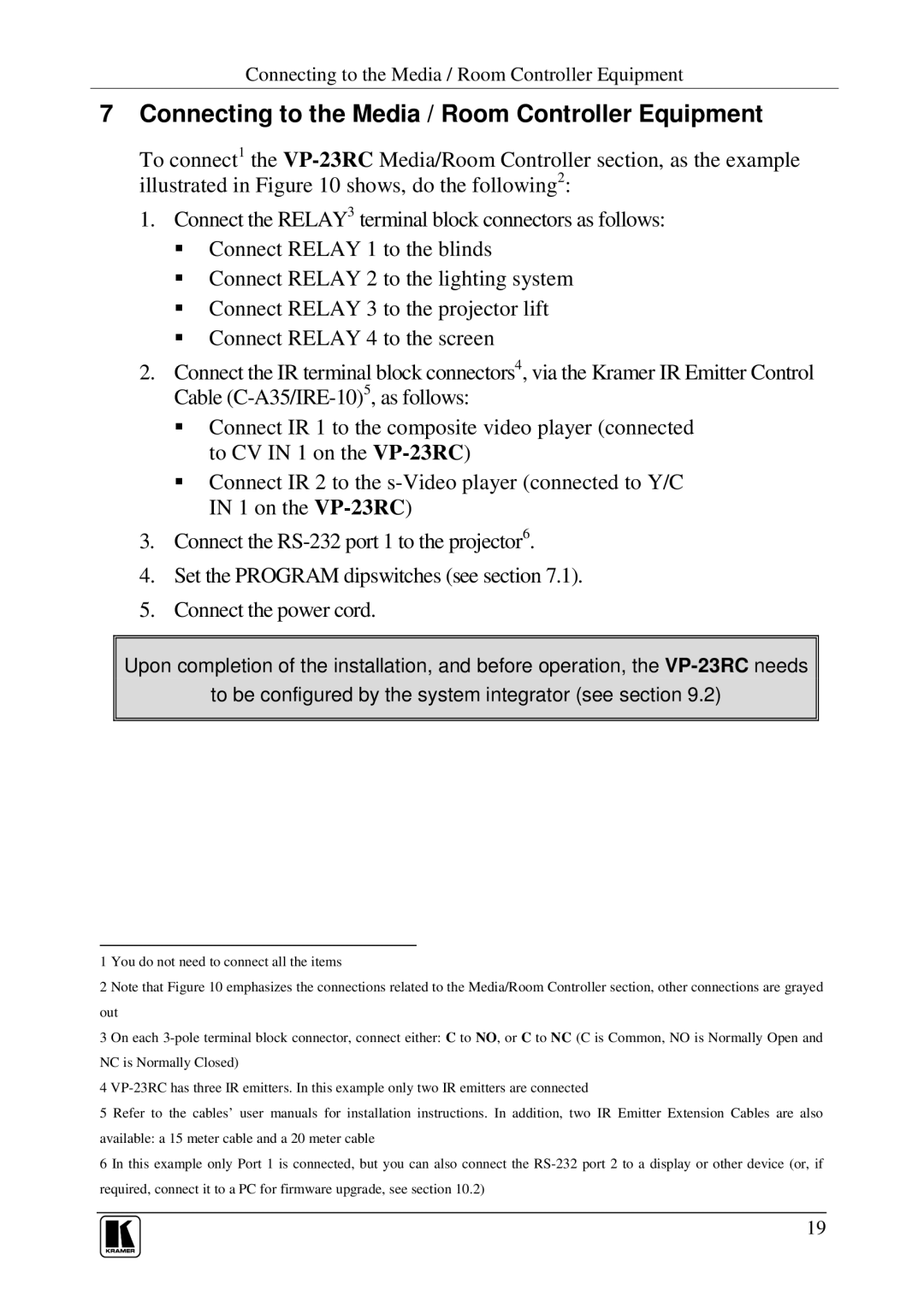 Kramer Electronics VP-23RC user manual Connecting to the Media / Room Controller Equipment 