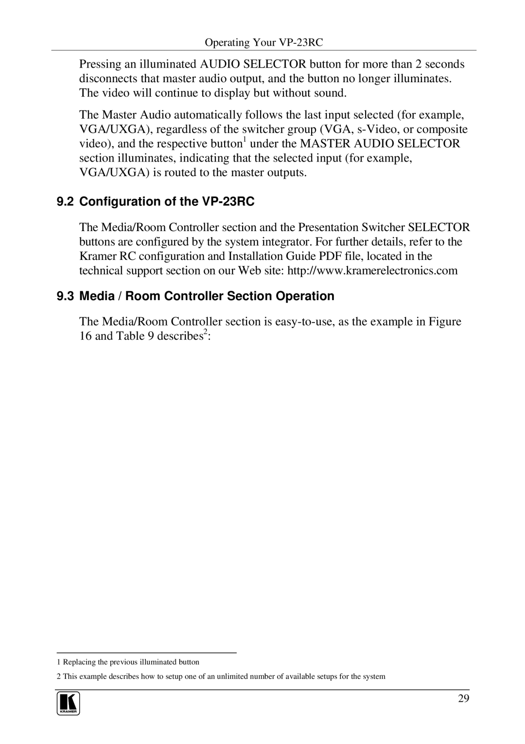 Kramer Electronics user manual Operating Your VP-23RC 