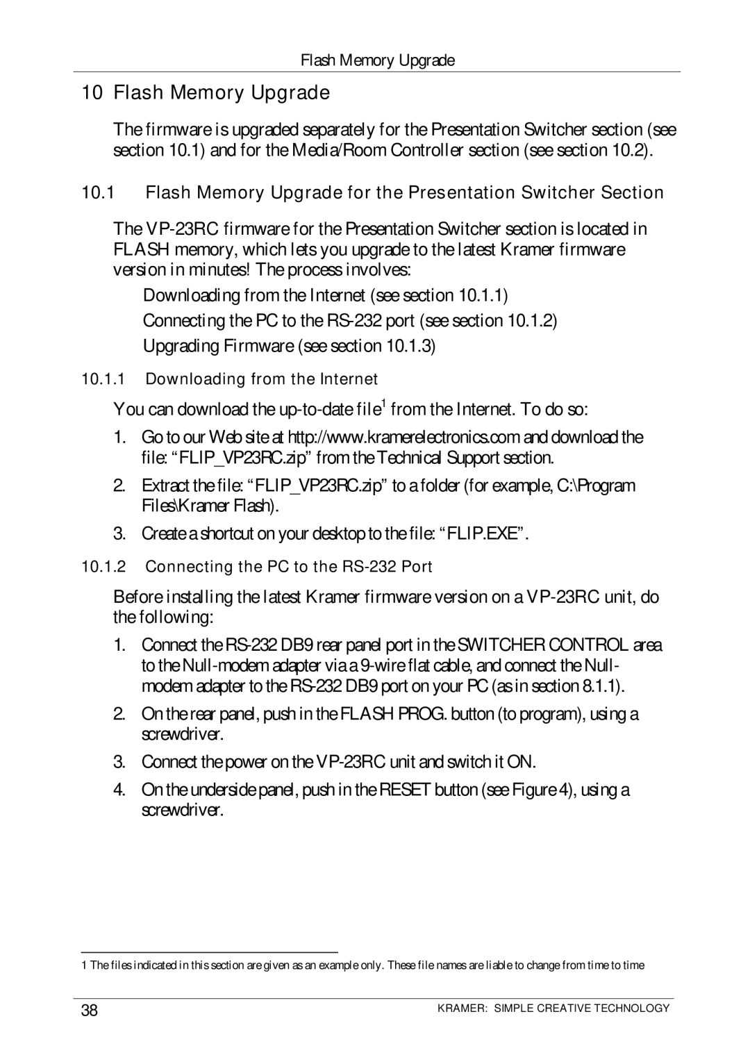 Kramer Electronics VP-23RC user manual Flash Memory Upgrade for the Presentation Switcher Section 