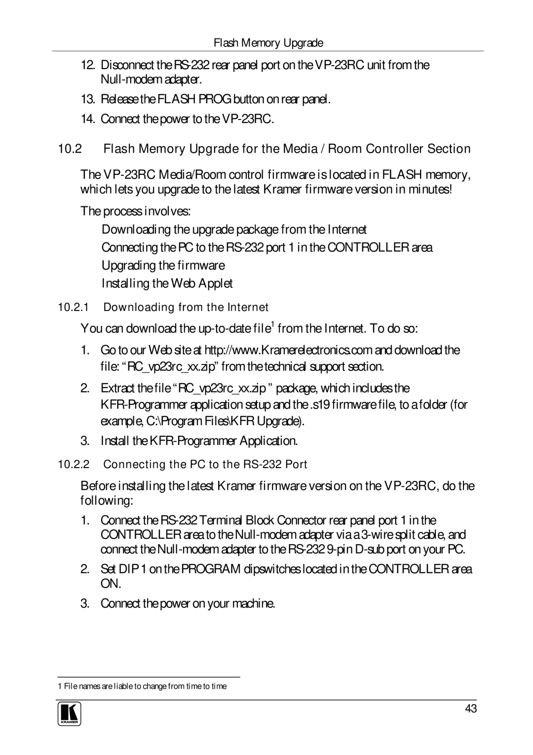 Kramer Electronics VP-23RC user manual Flash Memory Upgrade for the Media / Room Controller Section 