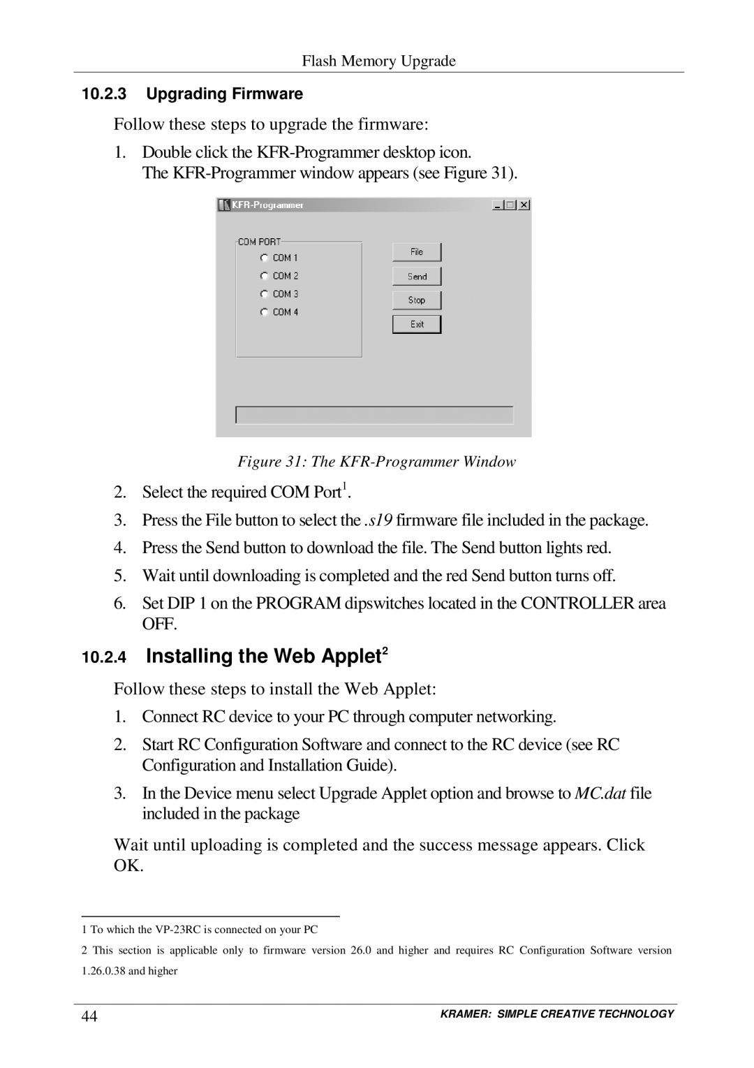 Kramer Electronics VP-23RC user manual Installing the Web Applet2, KFR-Programmer Window 