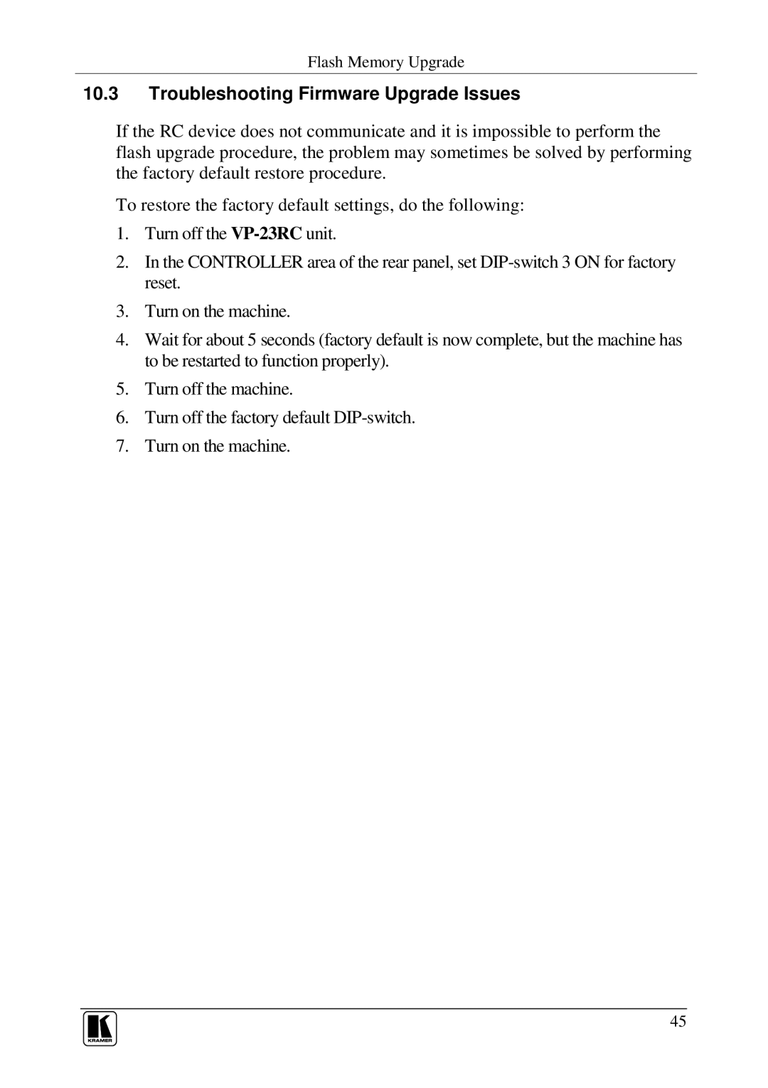 Kramer Electronics VP-23RC user manual Troubleshooting Firmware Upgrade Issues 