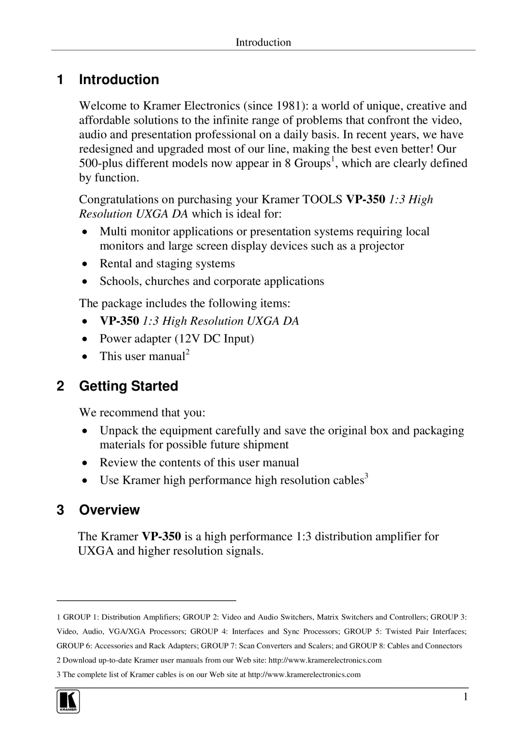 Kramer Electronics VP-350 user manual Introduction, Getting Started, Overview 