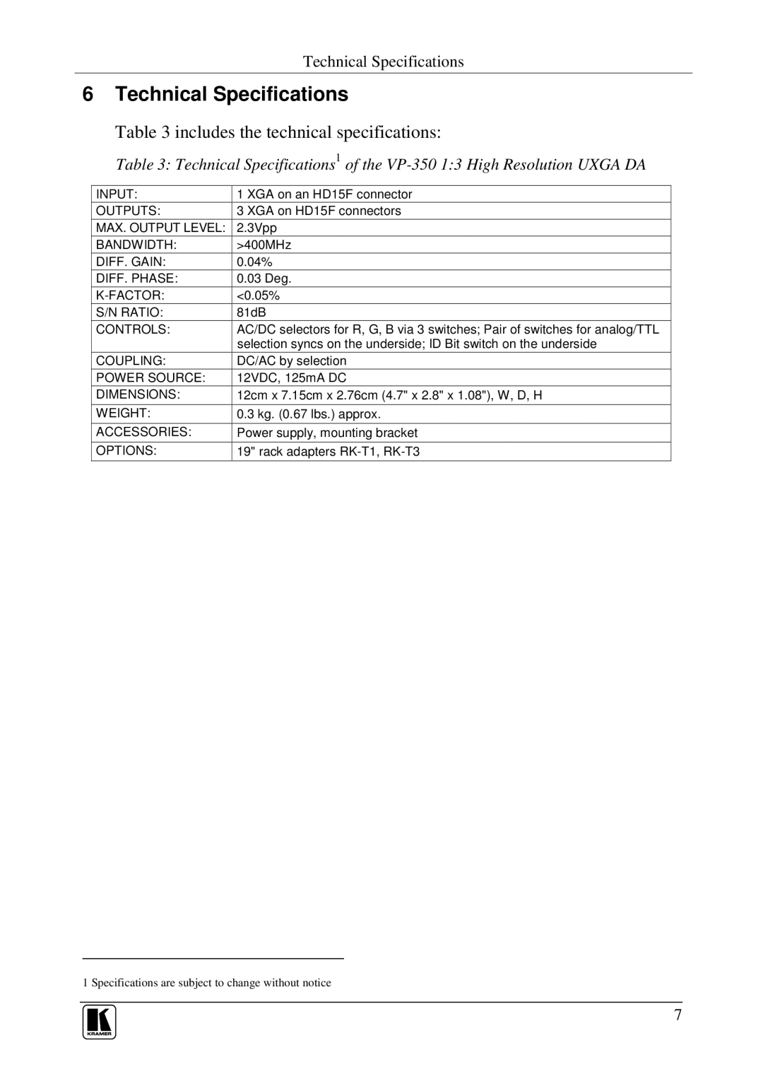 Kramer Electronics VP-350 user manual Technical Specifications, Includes the technical specifications 