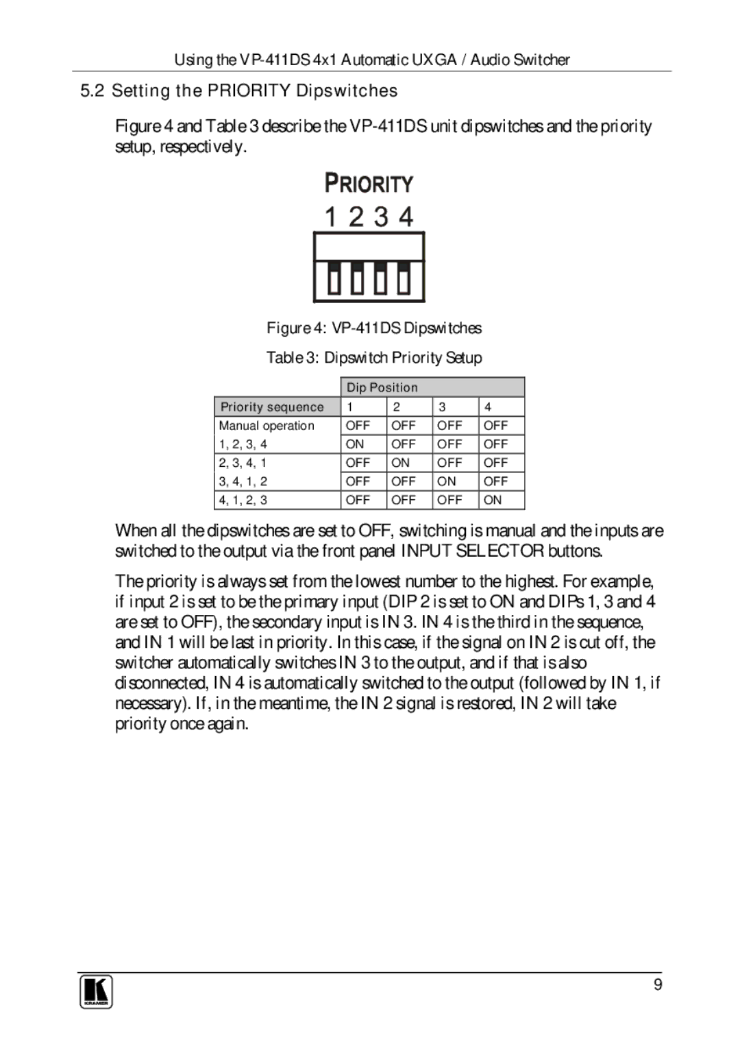 Kramer Electronics user manual Setting the Priority Dipswitches, VP-411DS Dipswitches Dipswitch Priority Setup 