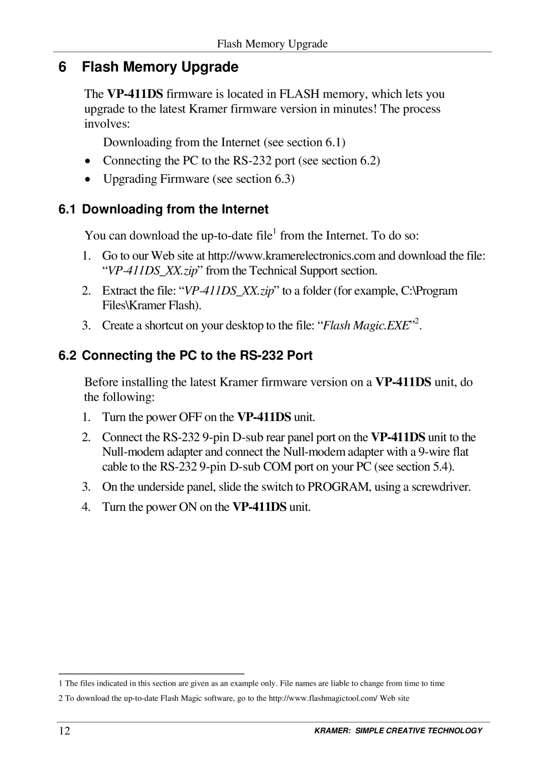 Kramer Electronics VP-411DS Flash Memory Upgrade, Downloading from the Internet, Connecting the PC to the RS-232 Port 