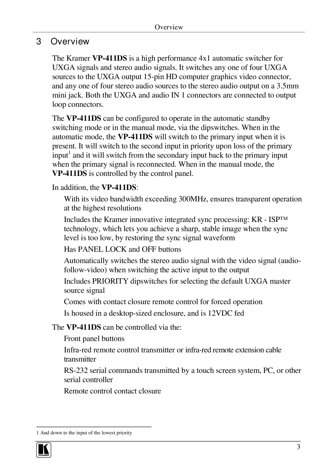 Kramer Electronics VP-411DS user manual Overview 