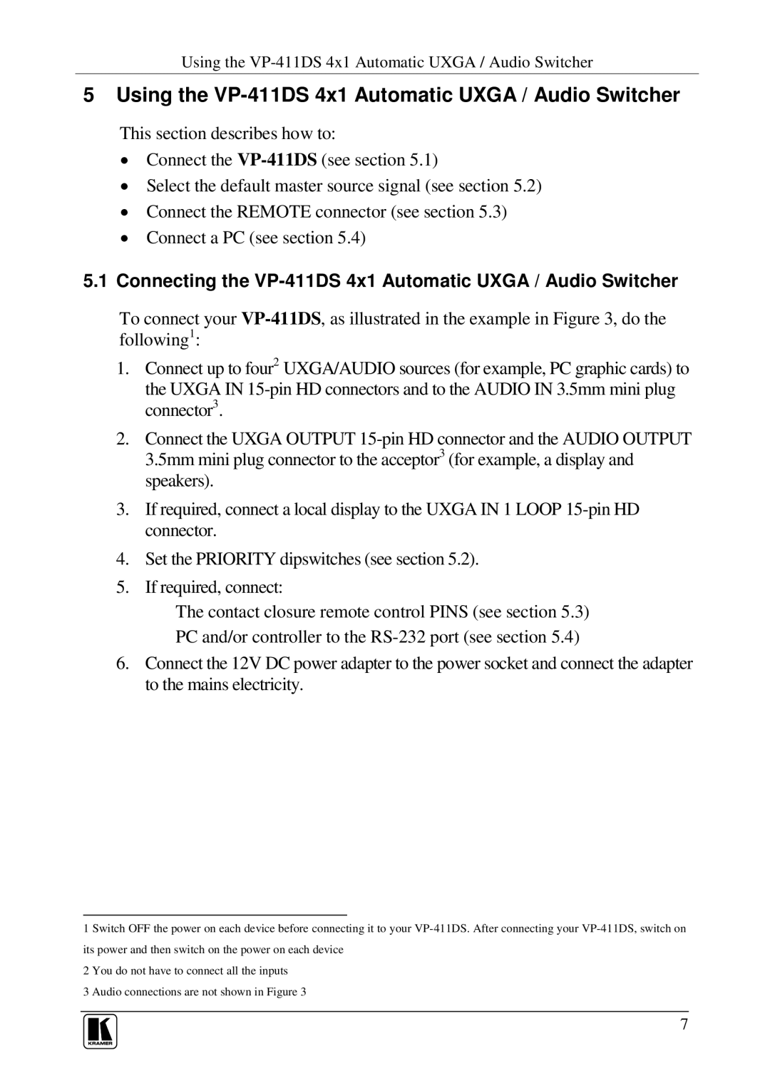 Kramer Electronics user manual Using the VP-411DS 4x1 Automatic Uxga / Audio Switcher 