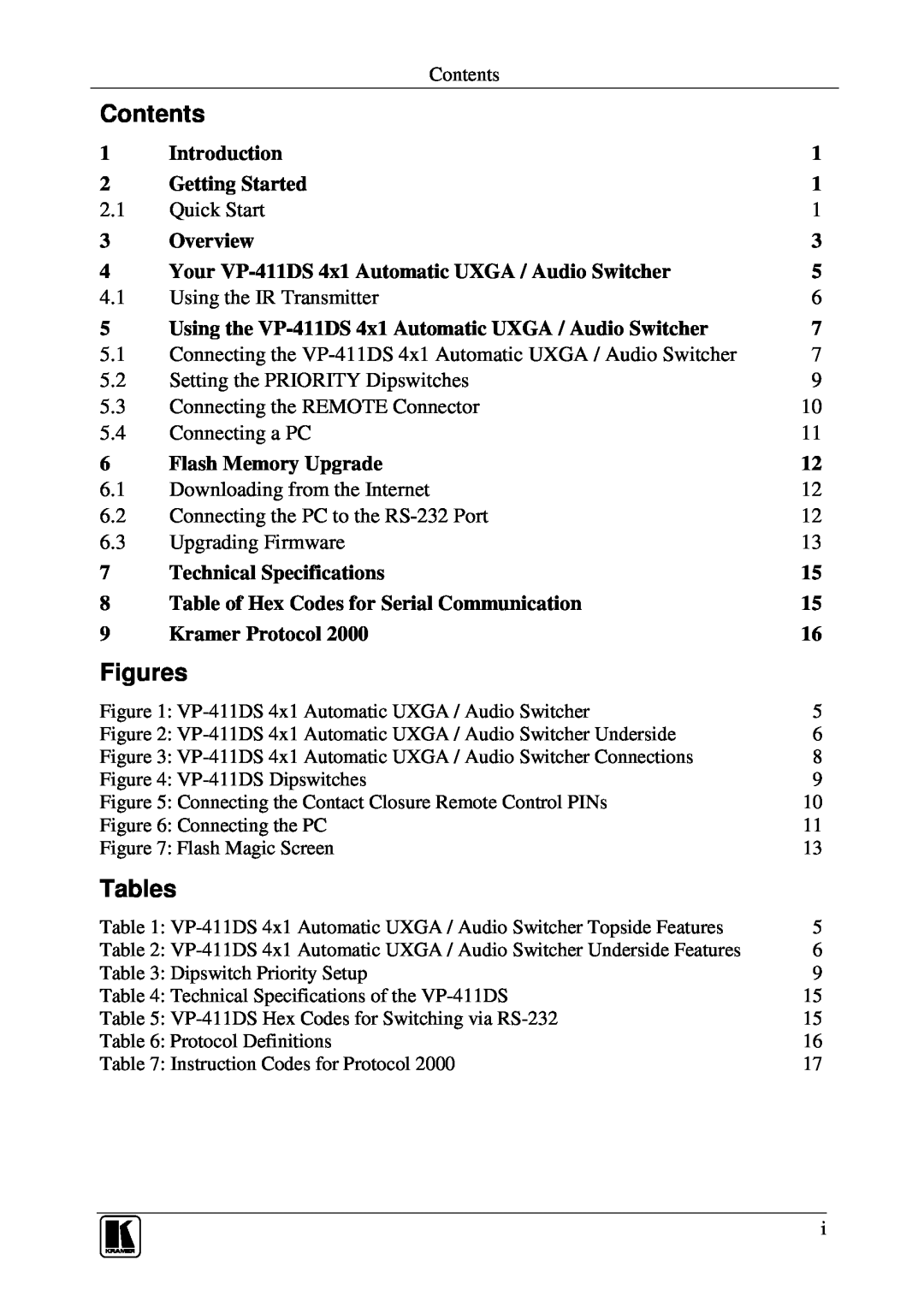 Kramer Electronics VP-411DS user manual Contents, Figures, Tables 