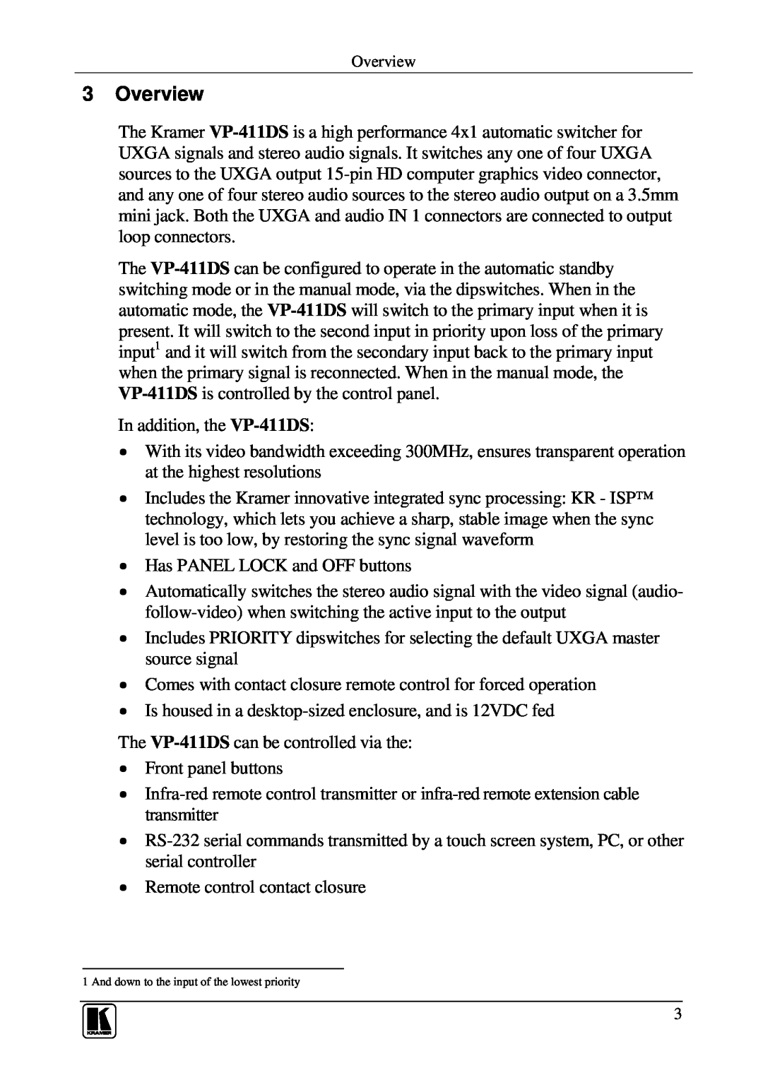 Kramer Electronics VP-411DS user manual Overview 