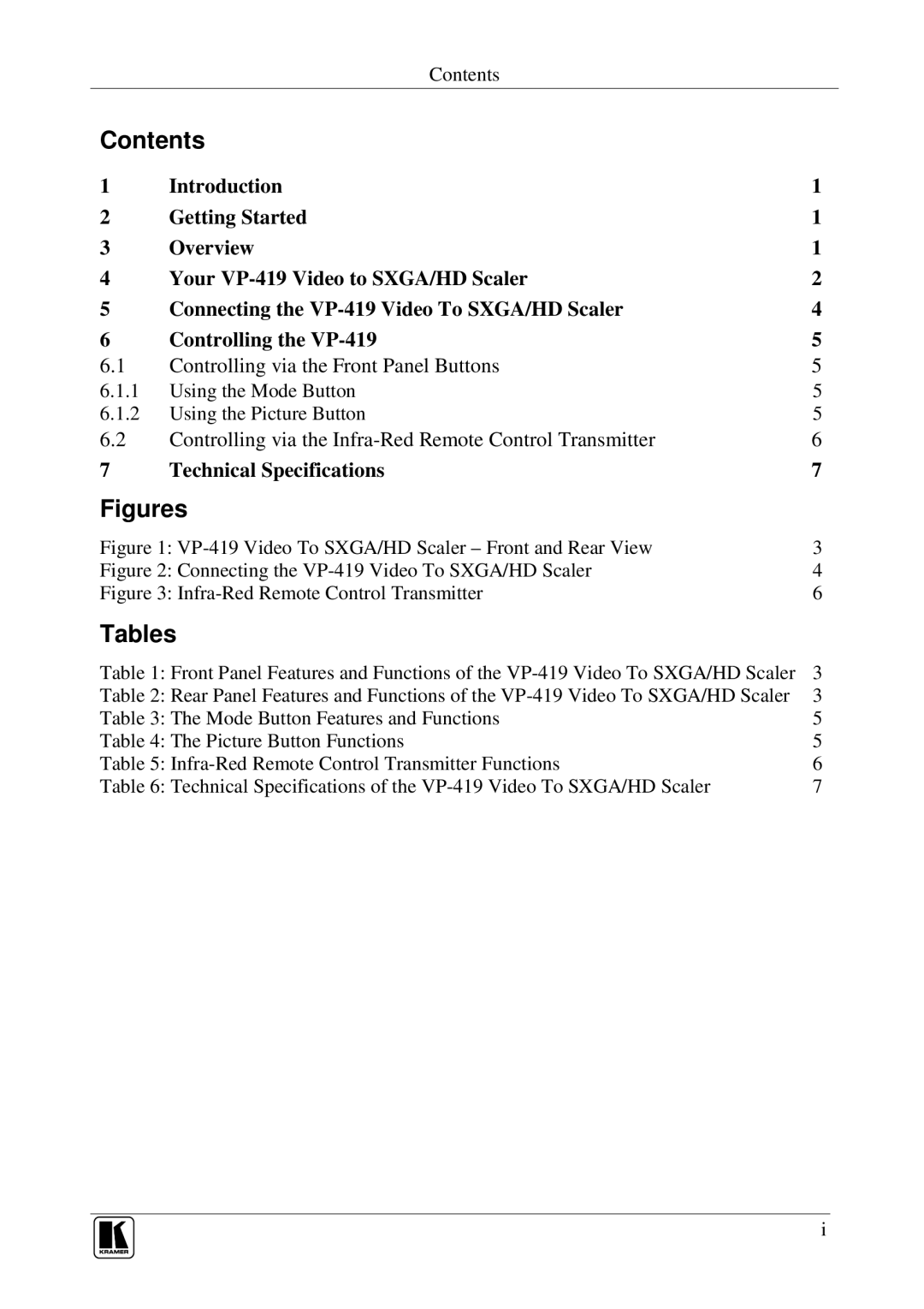 Kramer Electronics VP-419 user manual Contents, Tables 