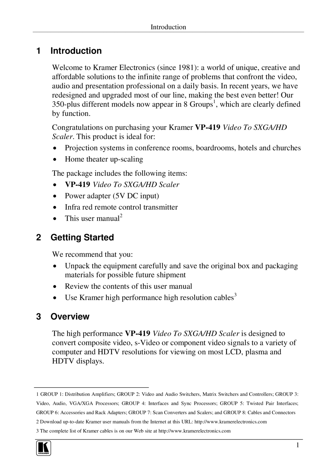 Kramer Electronics VP-419 user manual Introduction, Getting Started, Overview 