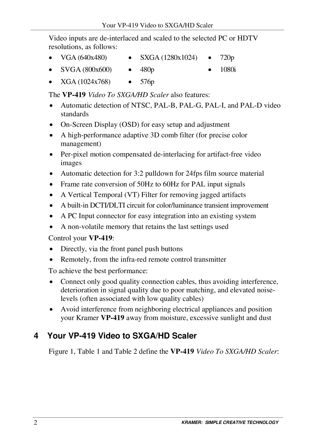 Kramer Electronics user manual Your VP-419 Video to SXGA/HD Scaler, VP-419Video To SXGA/HD Scaler also features 