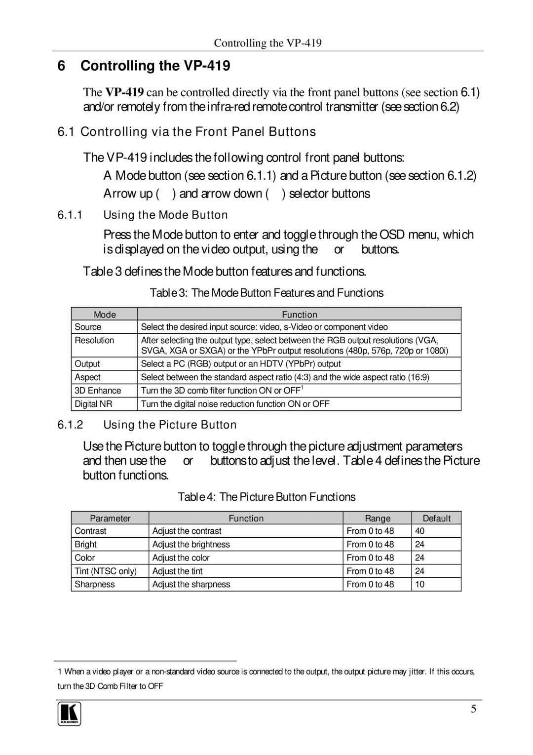 Kramer Electronics user manual Controlling the VP-419, Mode Function, Parameter Function Range Default 