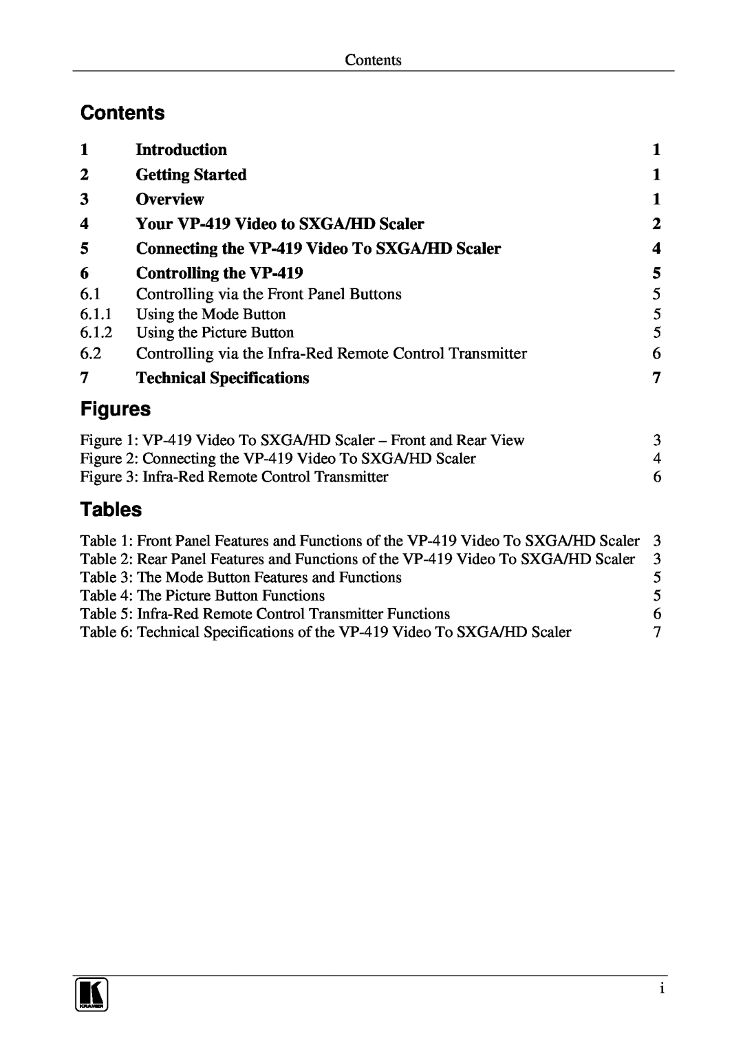 Kramer Electronics Contents, Figures, Tables, Introduction, Getting Started, Overview, Controlling the VP-419 