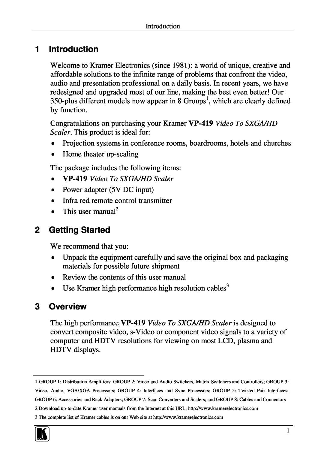 Kramer Electronics user manual Introduction, Getting Started, Overview, VP-419 Video To SXGA/HD Scaler 
