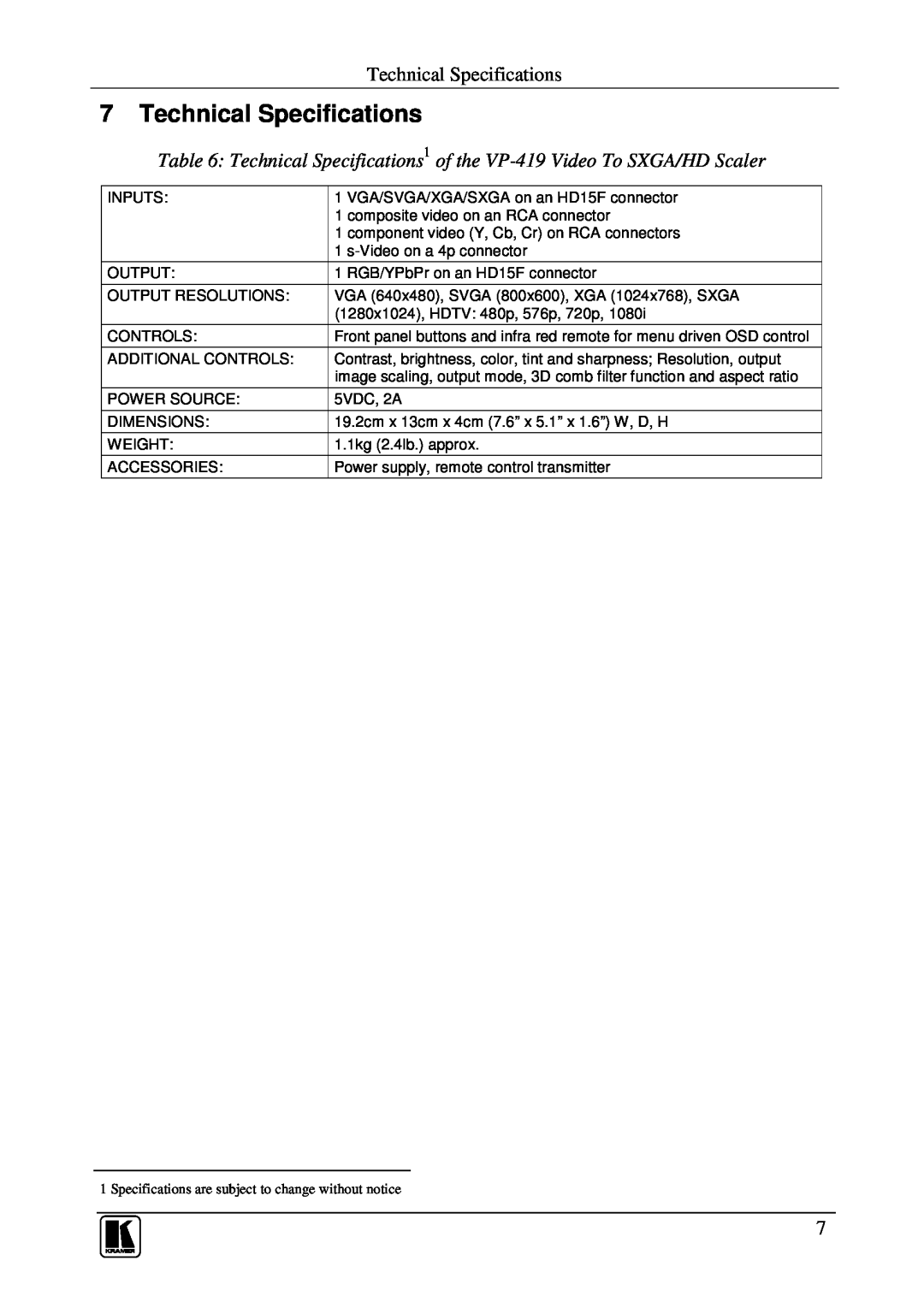Kramer Electronics VP-419 user manual Technical Specifications 