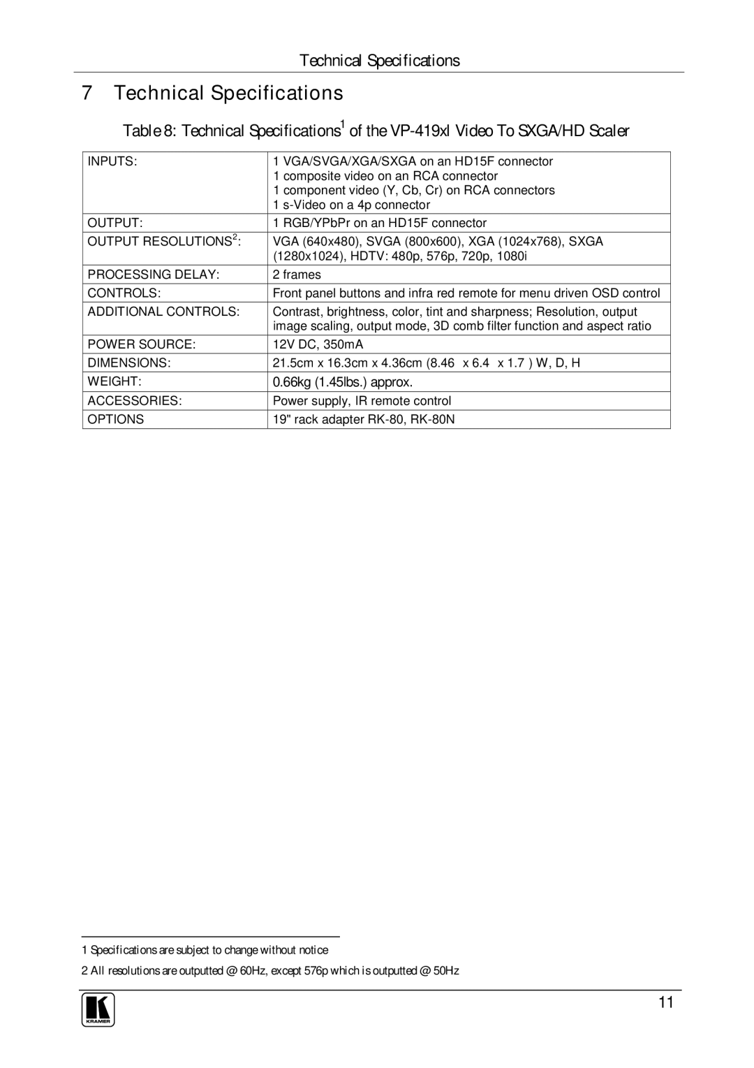 Kramer Electronics VP-419xl user manual Technical Specifications 