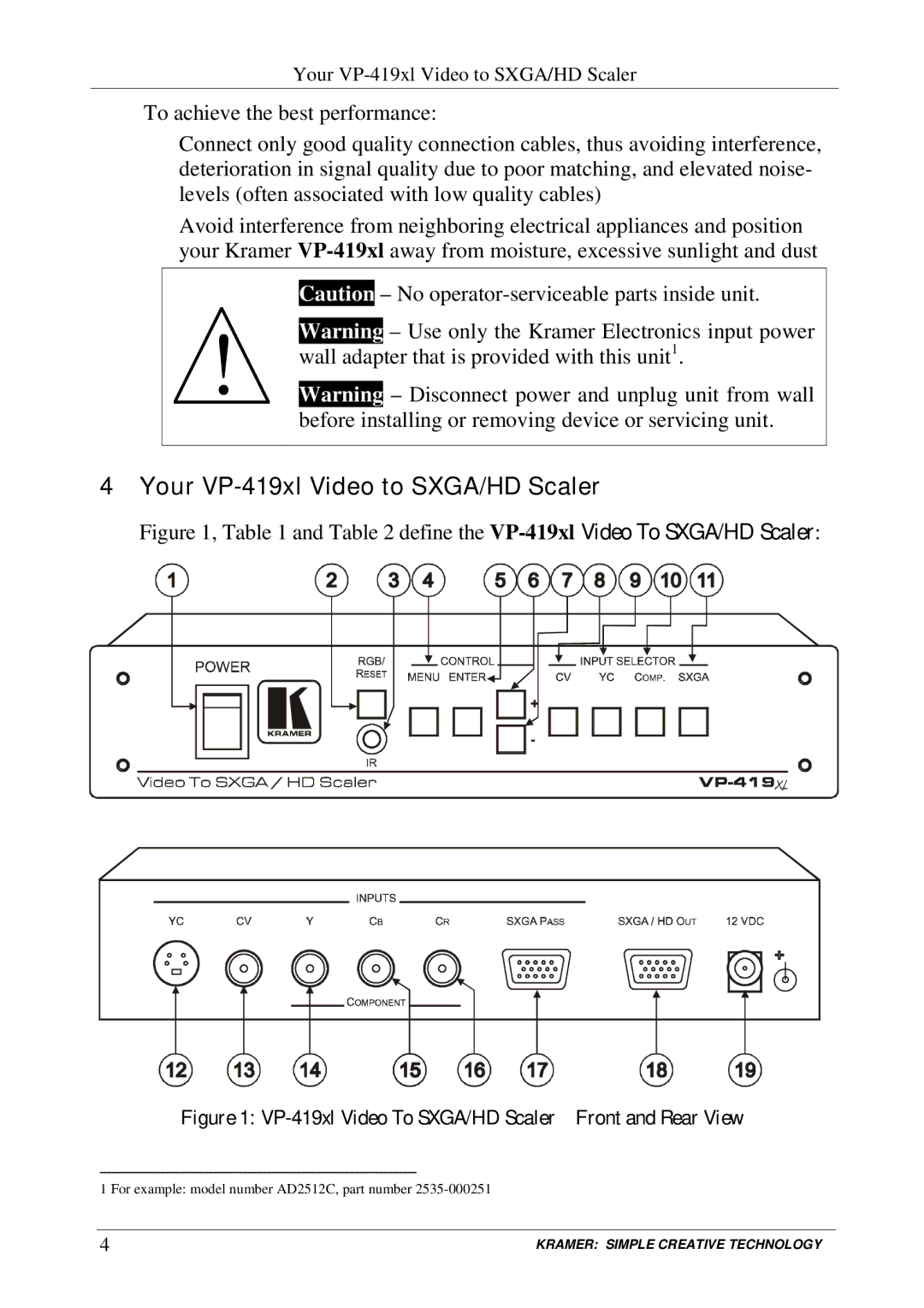 Kramer Electronics Your VP-419xl Video to SXGA/HD Scaler, VP-419xl Video To SXGA/HD Scaler Front and Rear View 