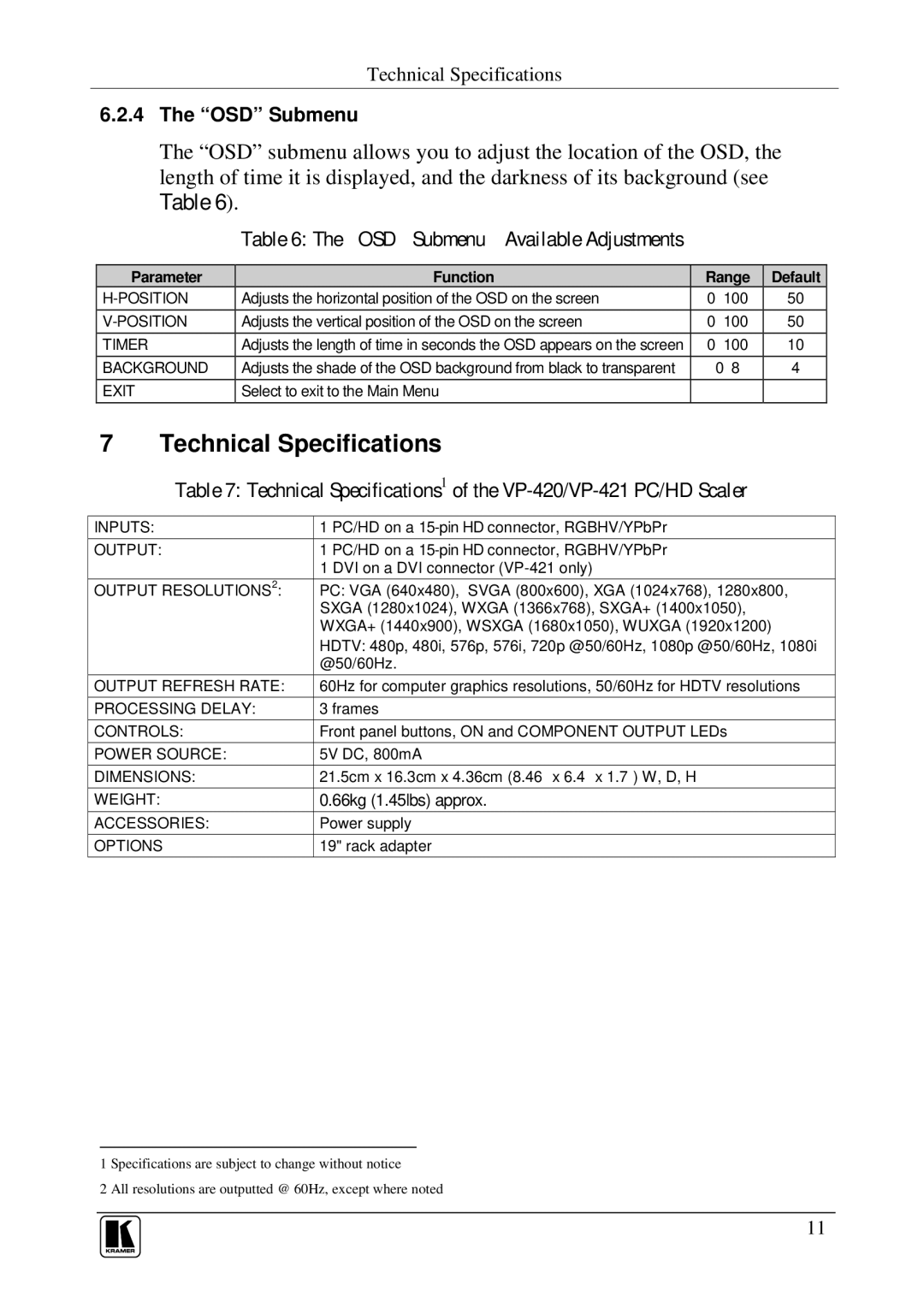 Kramer Electronics VP-420, VP-421 user manual Technical Specifications, OSD Submenu Available Adjustments 