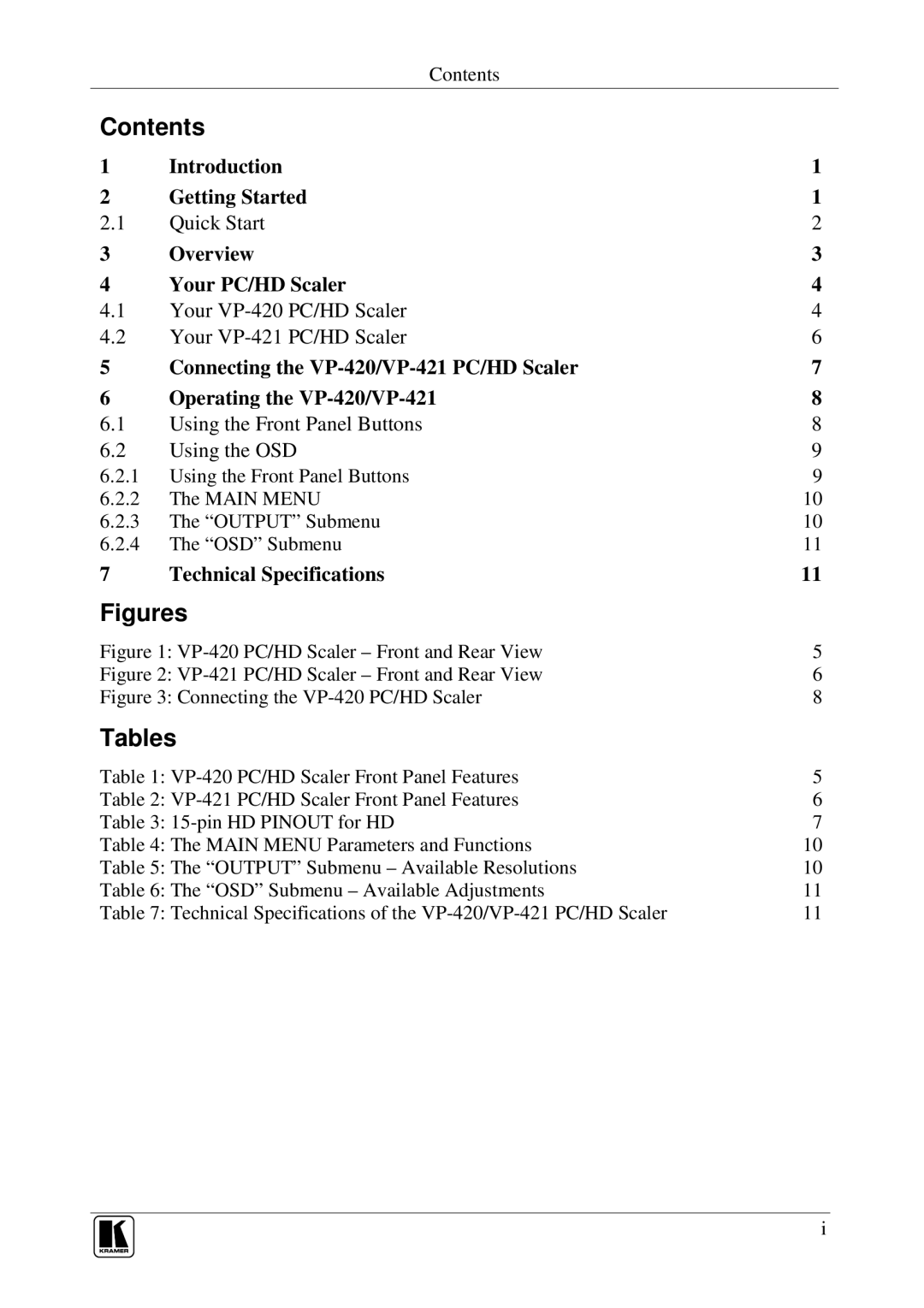 Kramer Electronics VP-420, VP-421 user manual Contents, Tables 