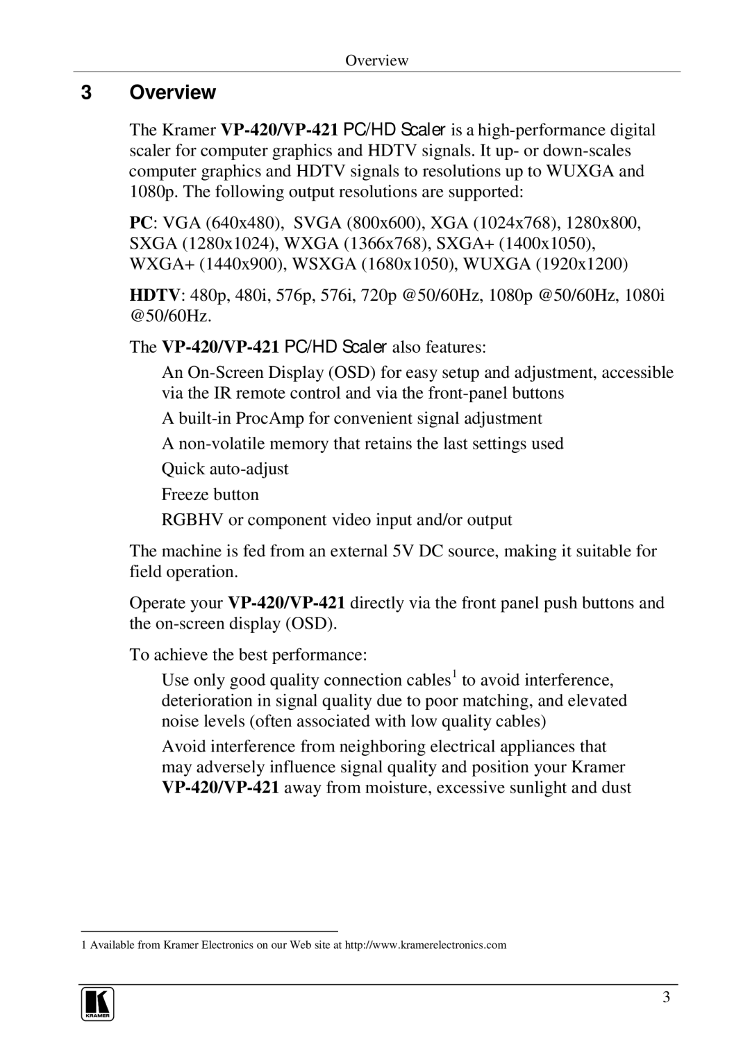 Kramer Electronics VP-420, VP-421 user manual Overview 