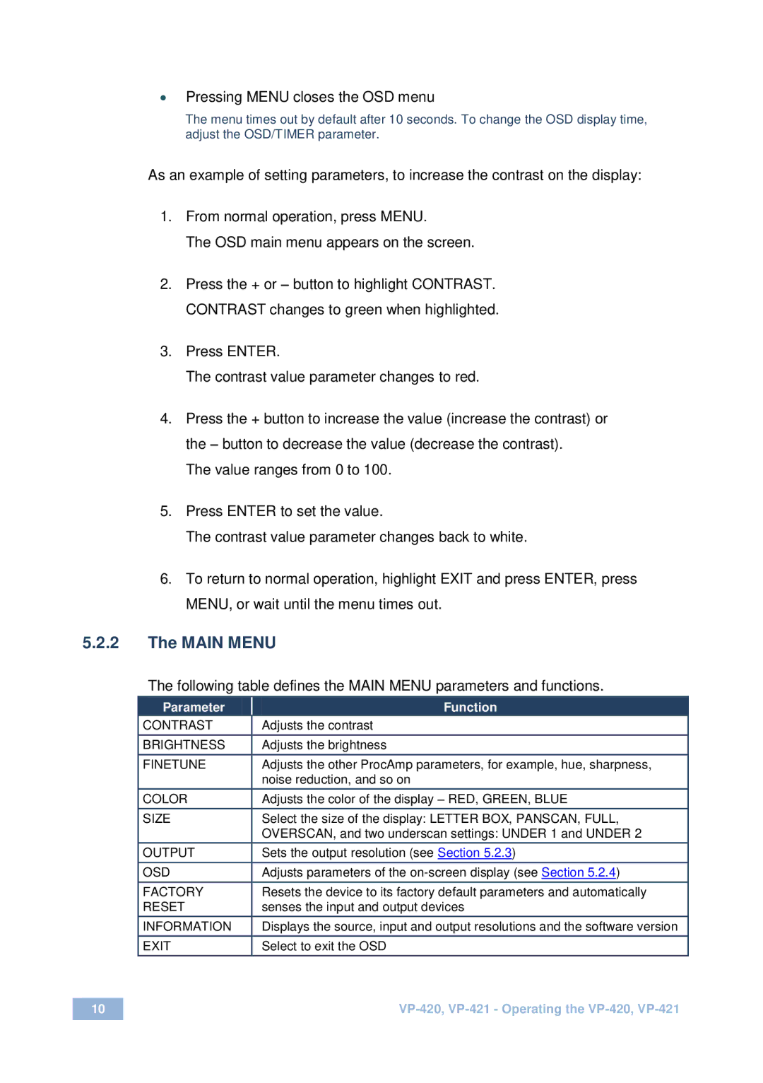 Kramer Electronics VP-420 user manual Main Menu 