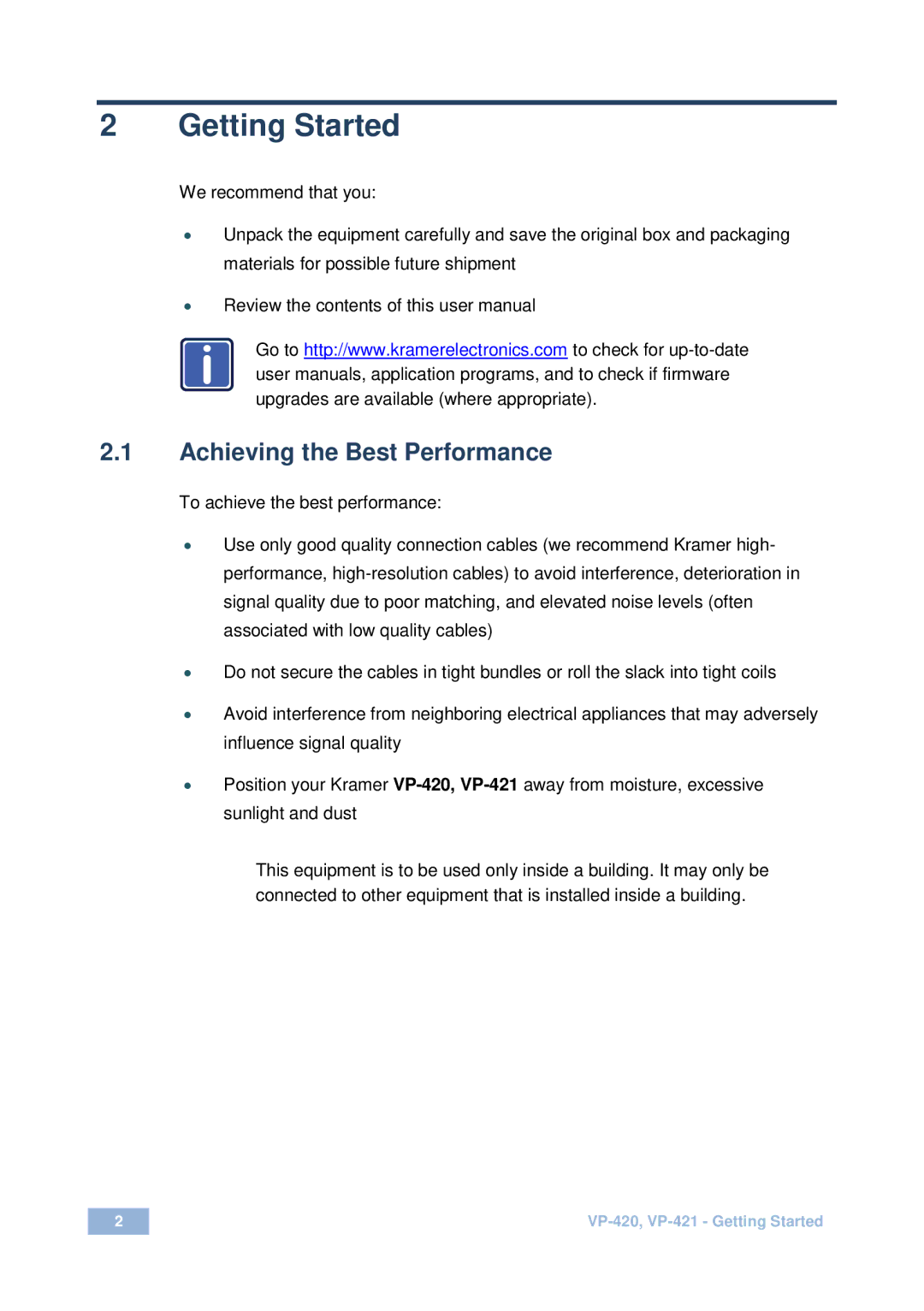 Kramer Electronics VP-420 user manual Getting Started, Achieving the Best Performance 