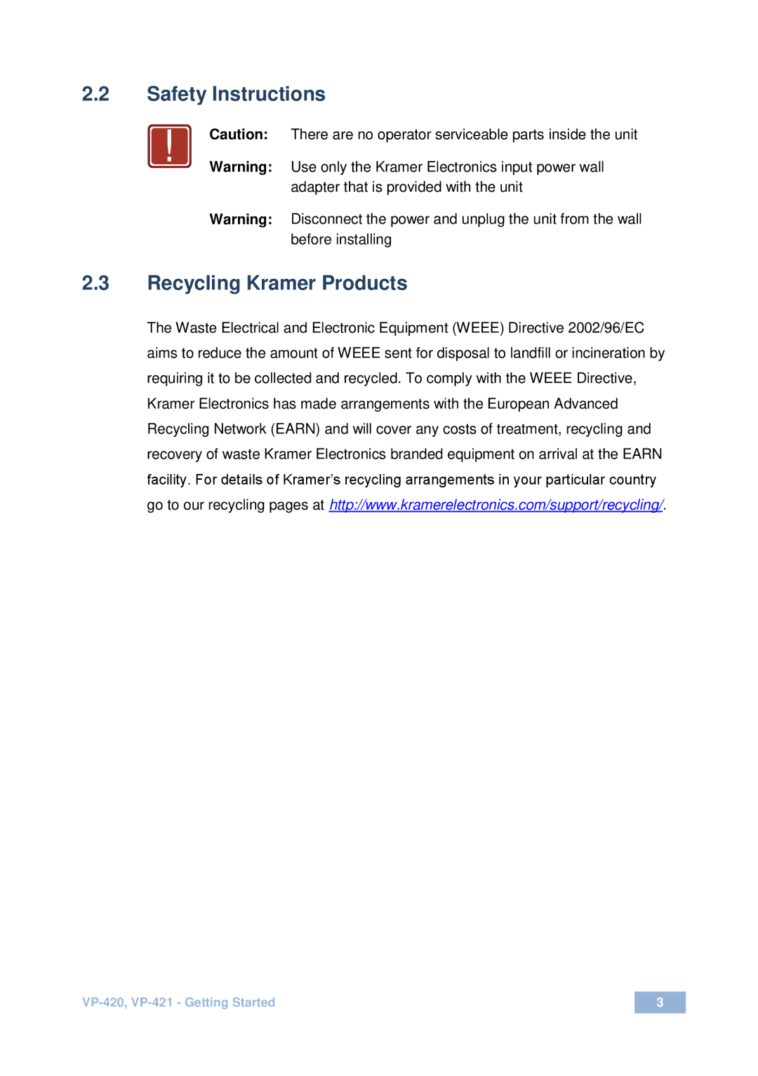 Kramer Electronics VP-420 user manual Safety Instructions, Recycling Kramer Products 