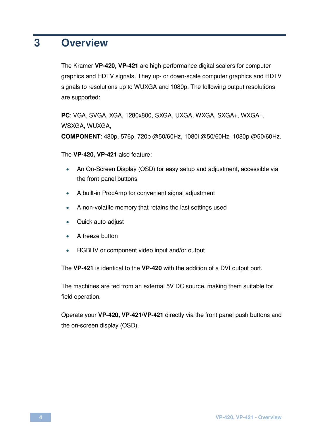 Kramer Electronics VP-420 user manual Overview, WSXGA, Wuxga 