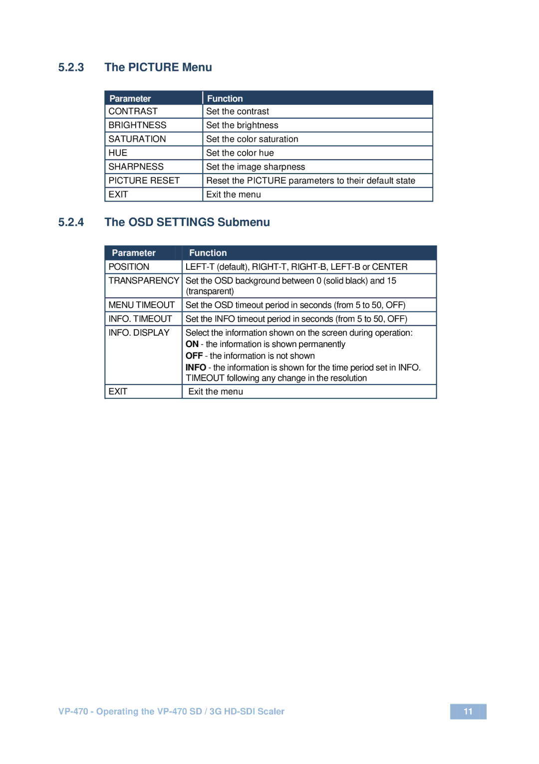 Kramer Electronics VP-470 user manual Picture Menu 