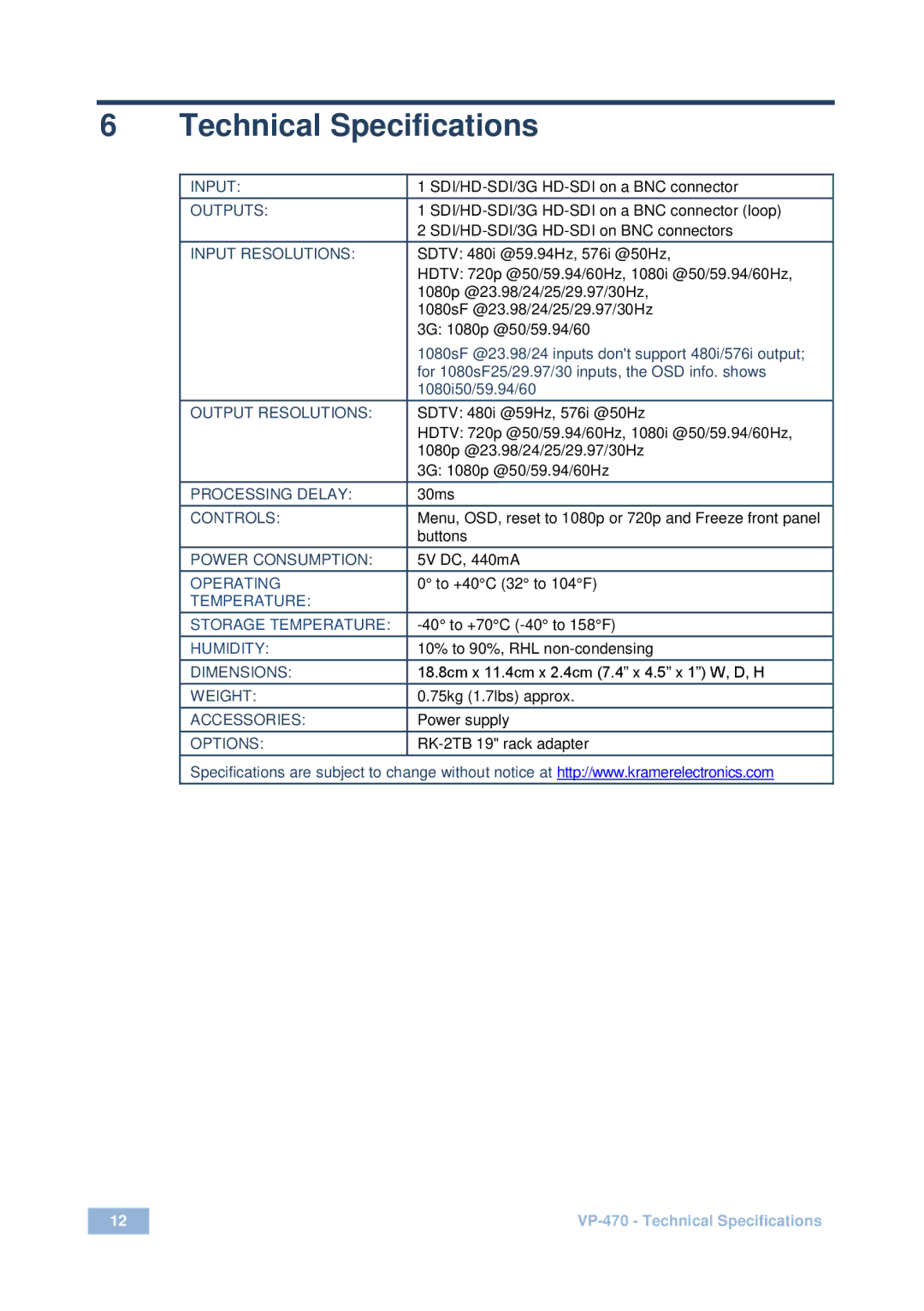 Kramer Electronics VP-470 user manual Technical Specifications, Input Resolutions 