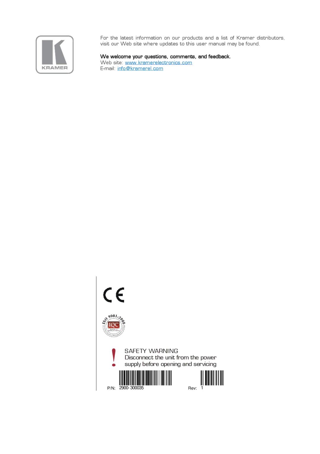 Kramer Electronics VP-470 user manual Safety Warning 