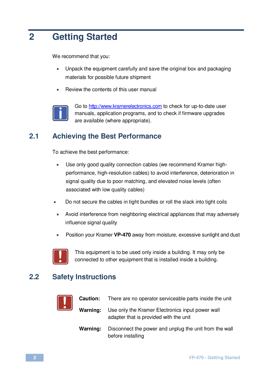 Kramer Electronics VP-470 user manual Getting Started, Achieving the Best Performance 