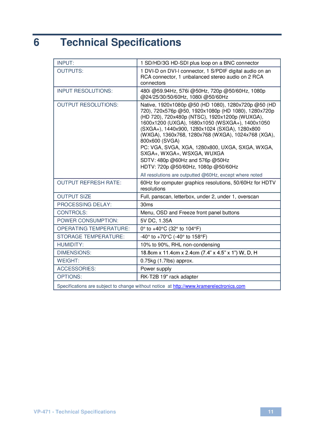 Kramer Electronics VP-471 user manual Technical Specifications, Outputs 