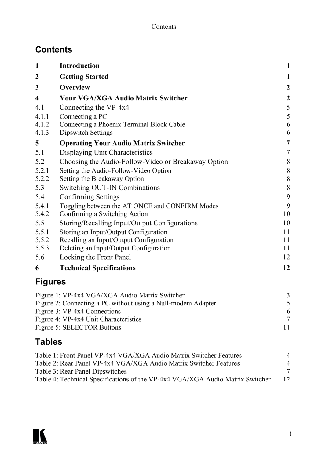 Kramer Electronics VP-4x4 manual Rqwhqwv, Ljxuhv, 7DEOHV 