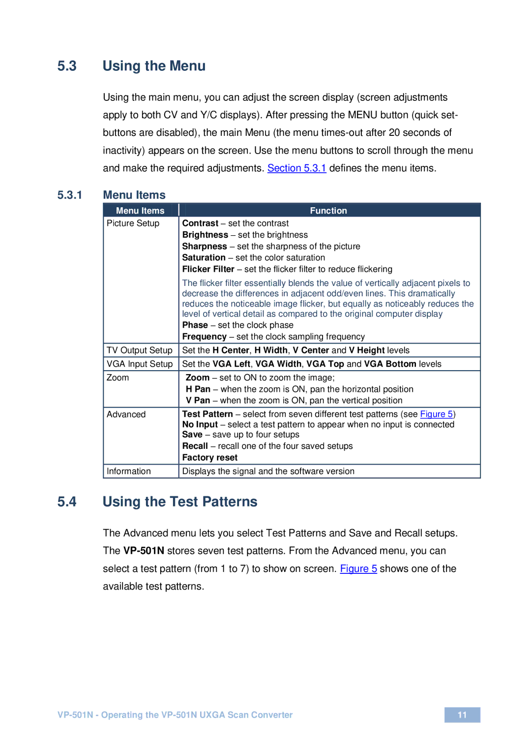 Kramer Electronics VP-501N user manual Using the Menu, Using the Test Patterns, Menu Items Function 