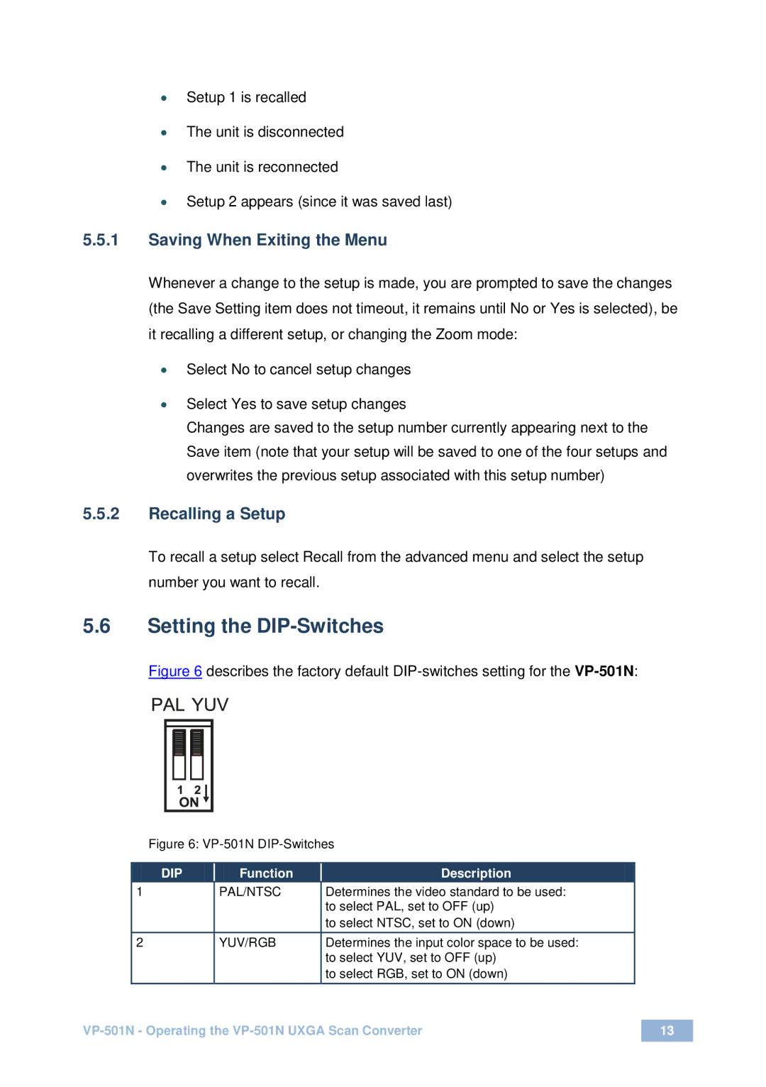 Kramer Electronics VP-501N Setting the DIP-Switches, Saving When Exiting the Menu, Recalling a Setup, Function Description 