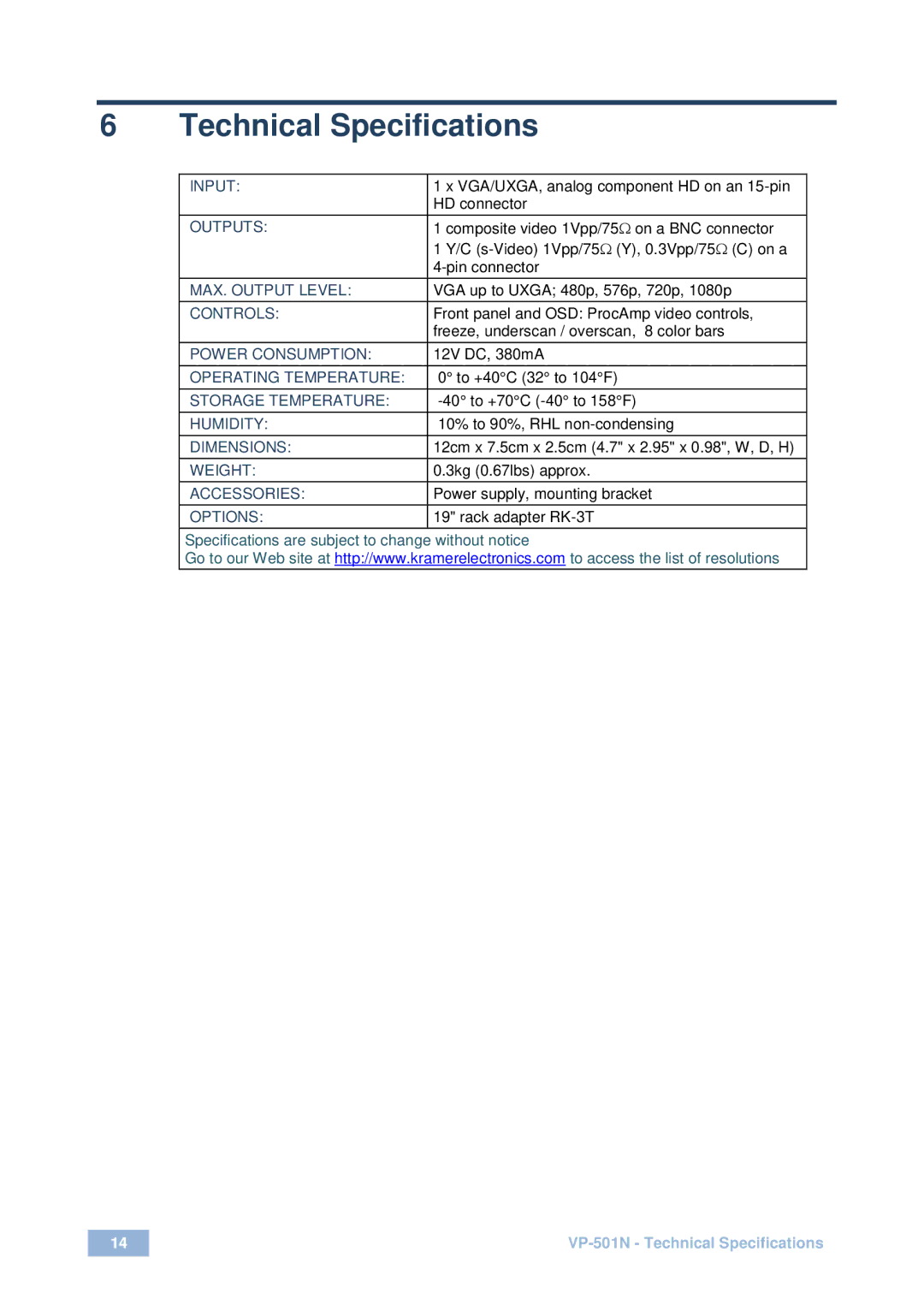 Kramer Electronics VP-501N user manual Technical Specifications, Outputs 