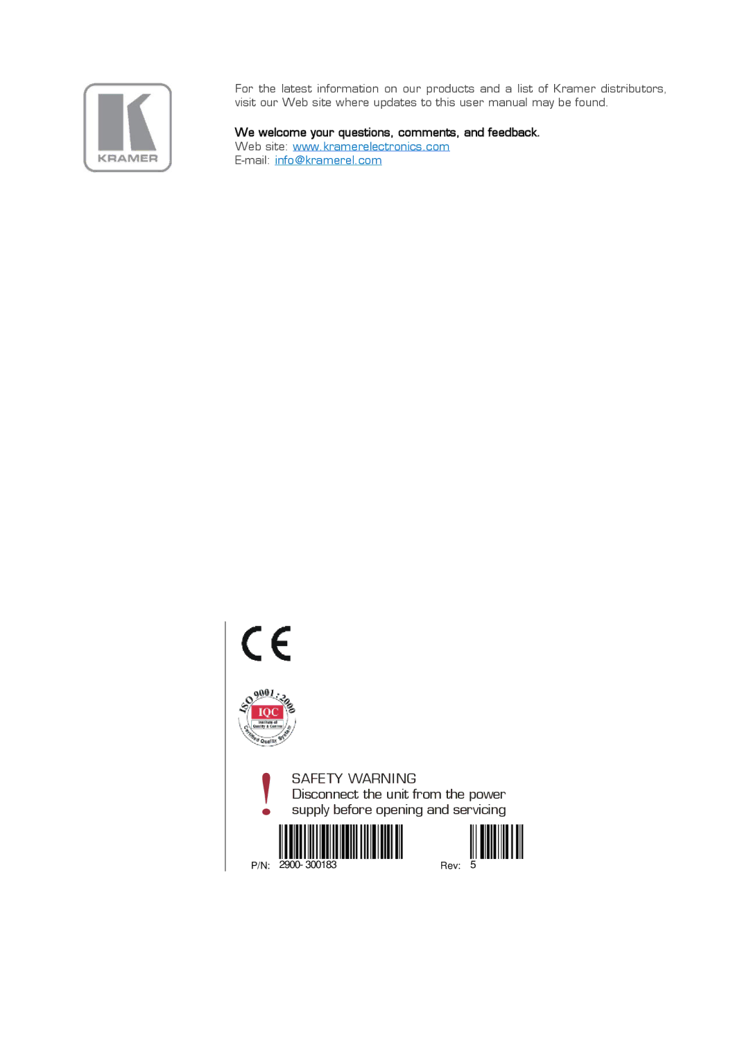 Kramer Electronics VP-501N user manual Safety Warning 