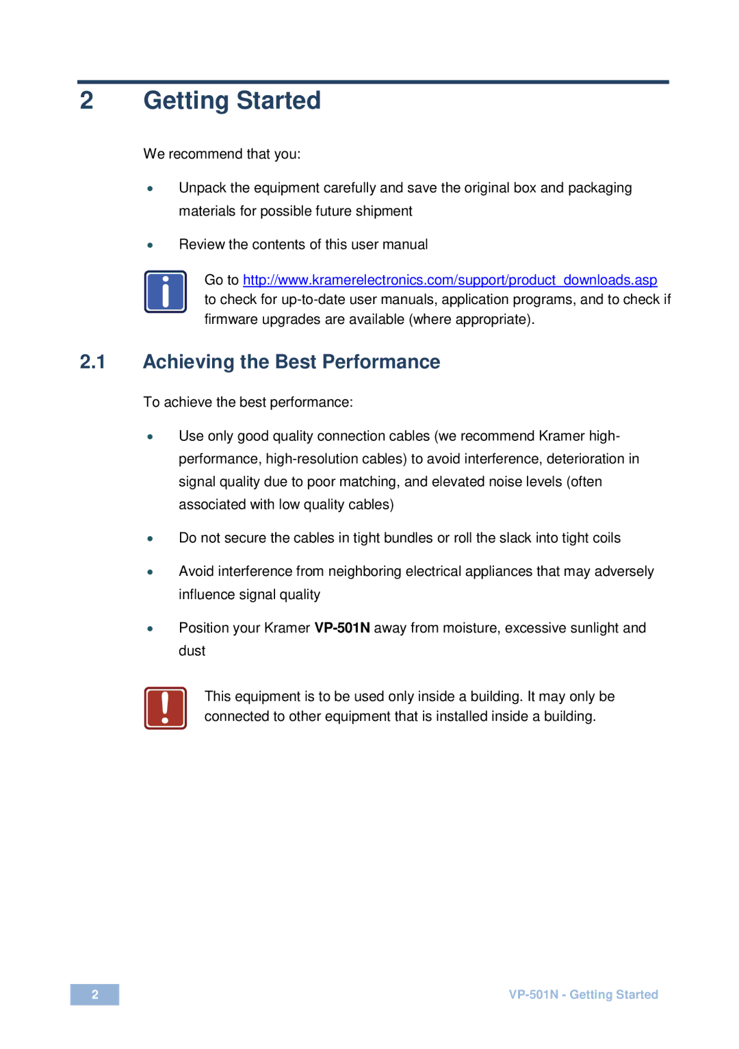 Kramer Electronics VP-501N user manual Getting Started, Achieving the Best Performance 