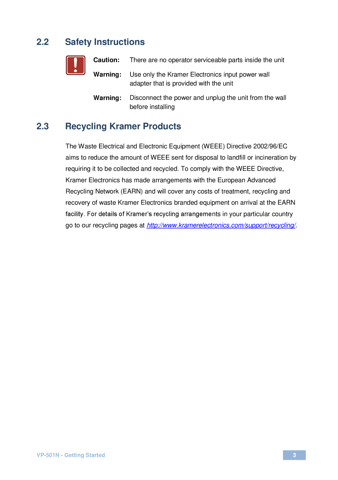 Kramer Electronics VP-501N user manual Safety Instructions, Recycling Kramer Products 